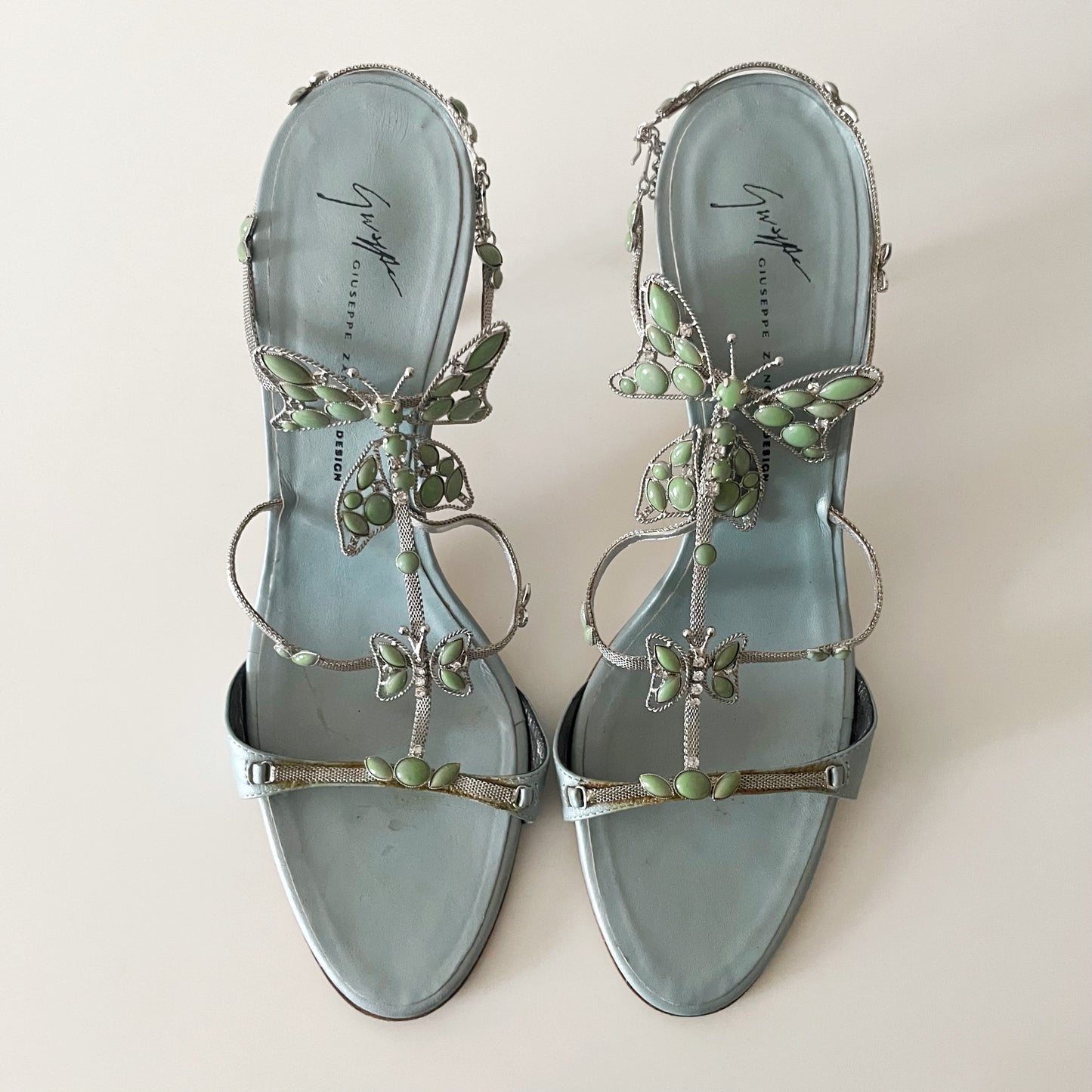 Giuseppe Zanotti S/S 2001 Vintage Blue Stone Butterfly Sandal Heels