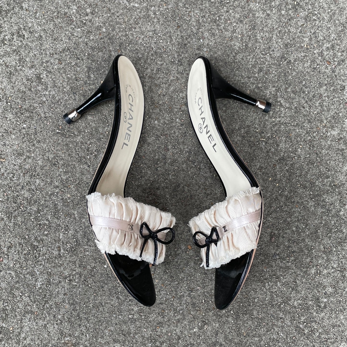 Chanel “CC” Ivory Ruffle Bow Sandal Heels