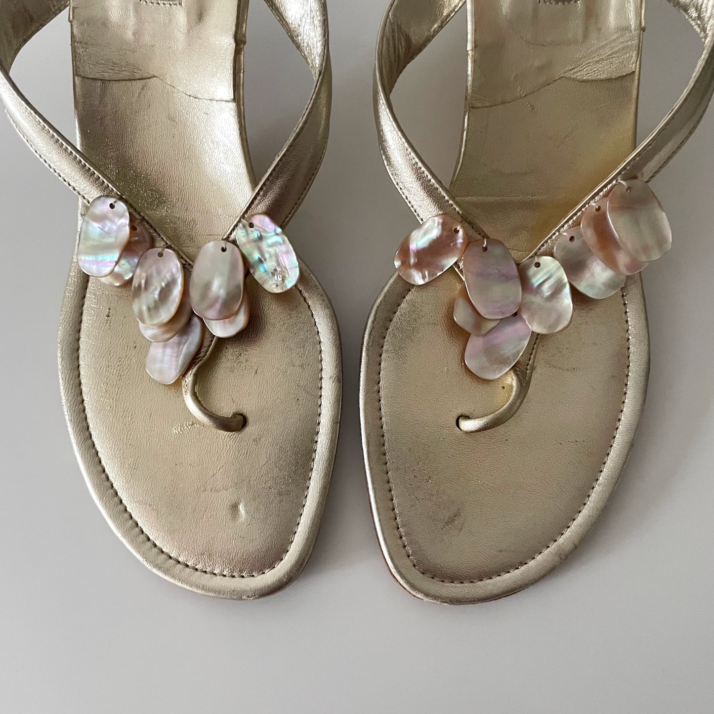 Manolo Blahnik Pearlescent Seashell Gold Sandal Heels