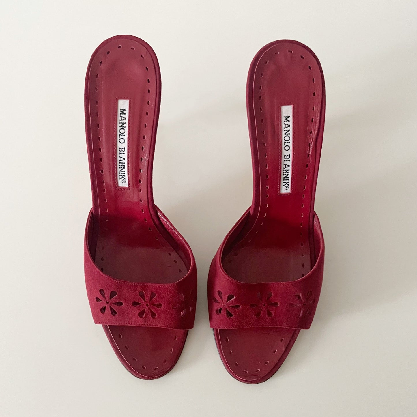 Manolo Blahnik Red Suede Floral Eyelet Laser Cut Sandal Heels