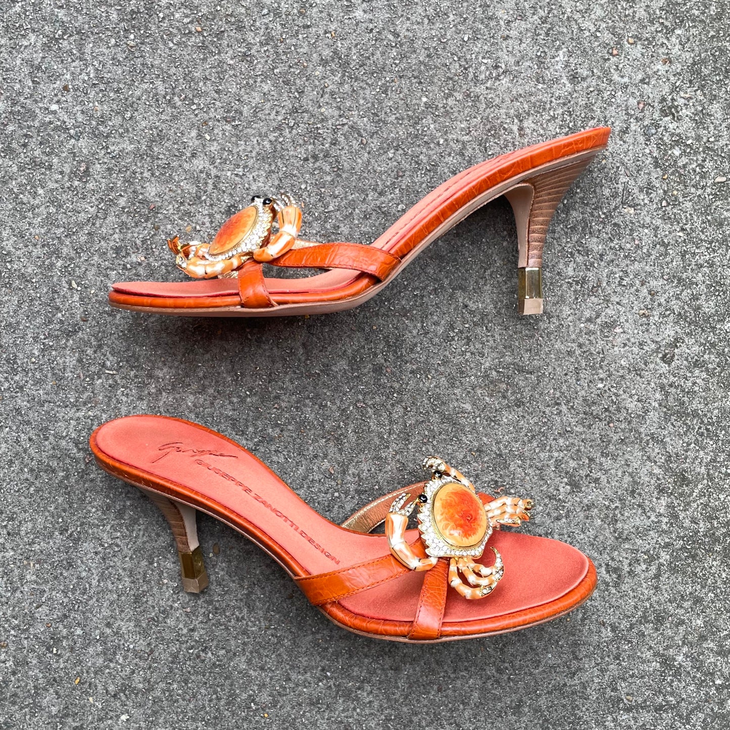 EXTREMELY RARE Giuseppe Zanotti Vintage Crystal Rhinestone Encrusted Orange Crab Sandal Heels