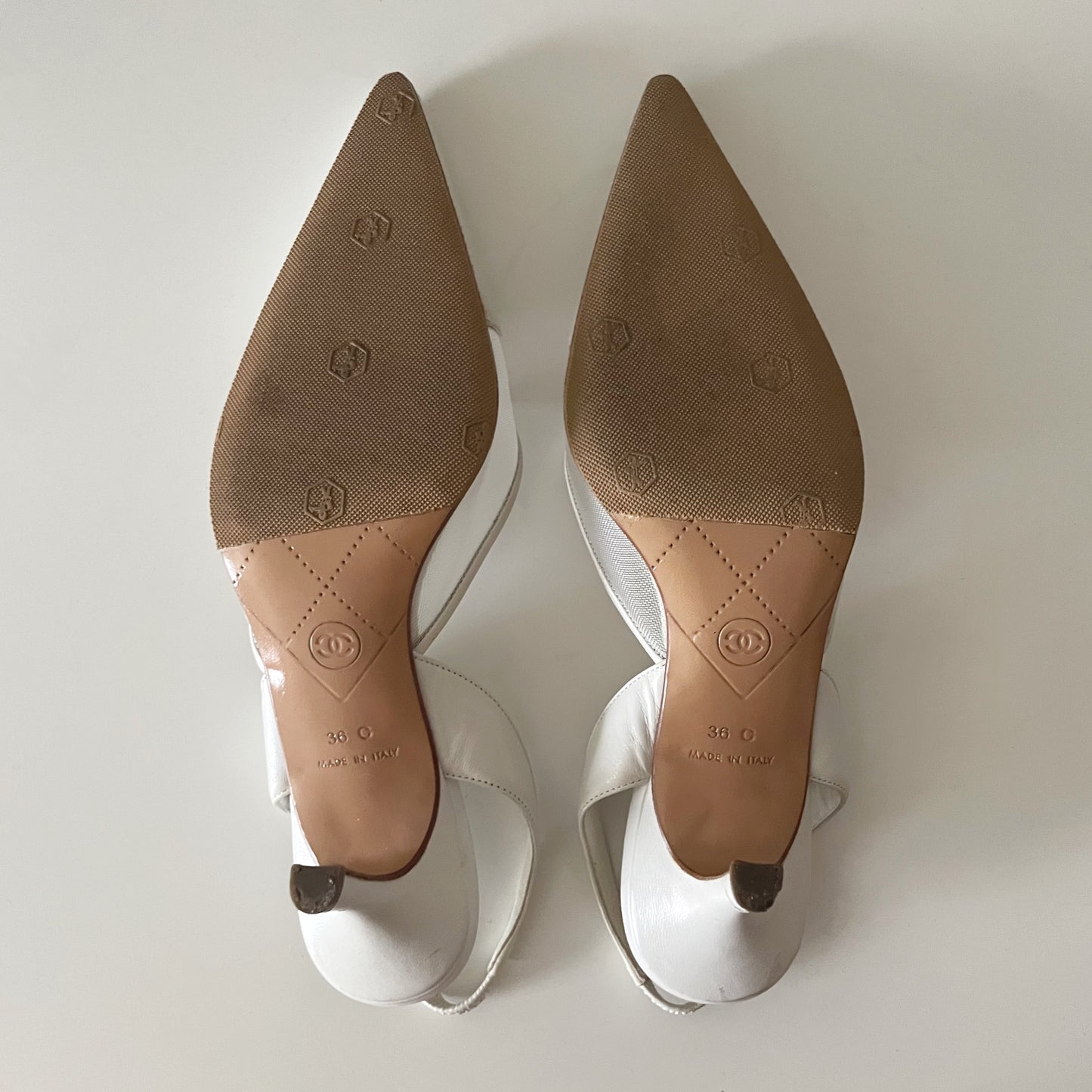 CHANEL “CC” White Mesh Leather Slingback Heels
