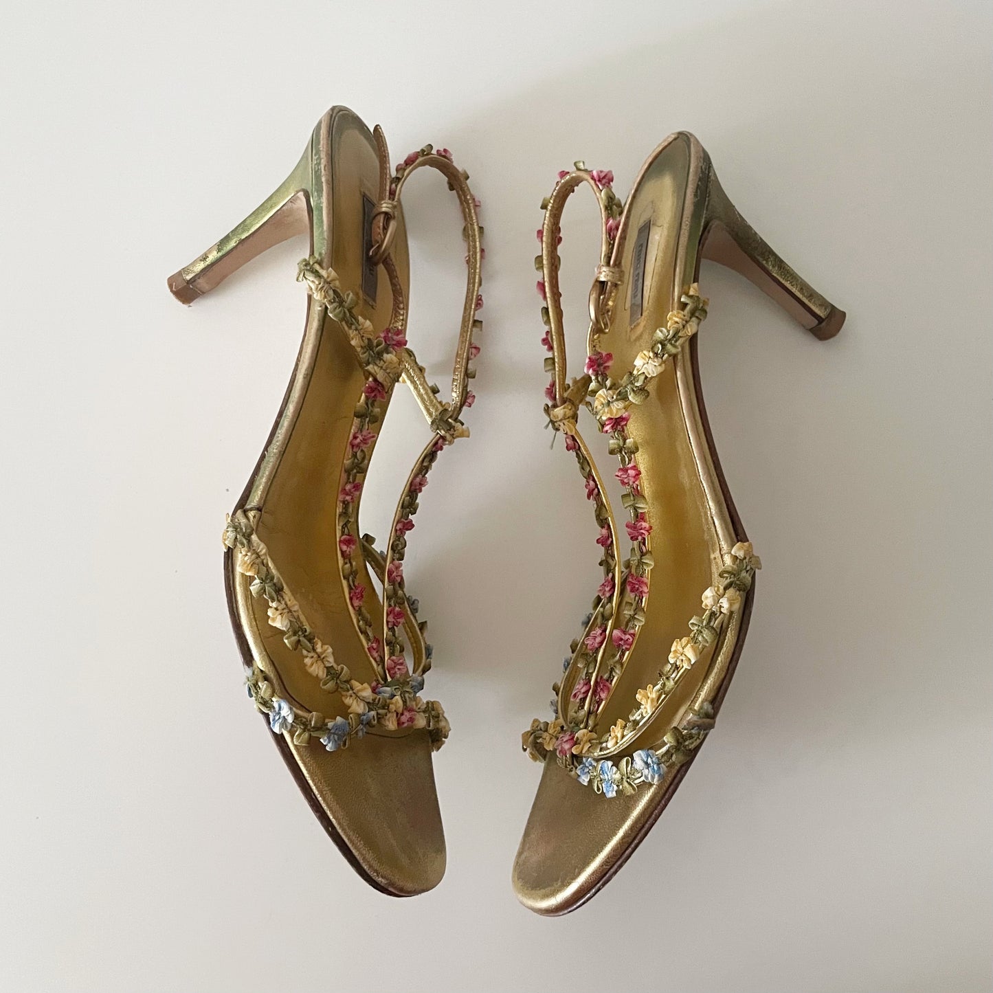 Miu Miu 2000s Floral Gold Leather T-Strap Sandal Heels