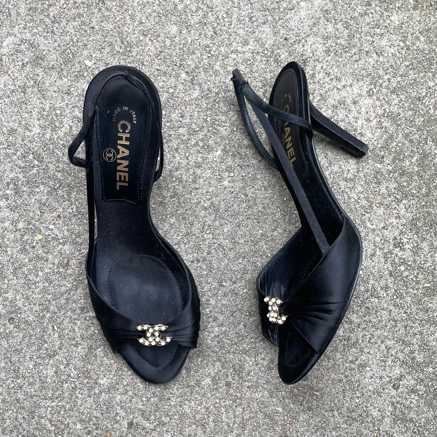 Chanel 2005 “CC” Pearl Embellished Black Satin Slingback Heels