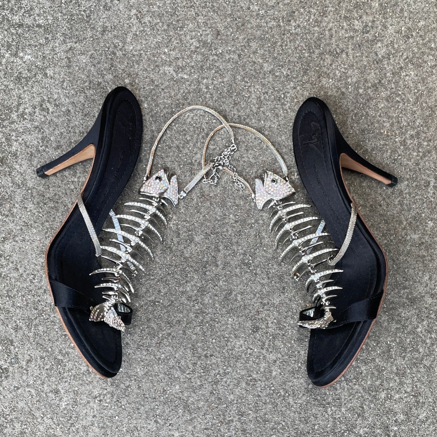 RARE Giuseppe Zanotti Rhinestone Fishbone Black Satin Sandal Heels