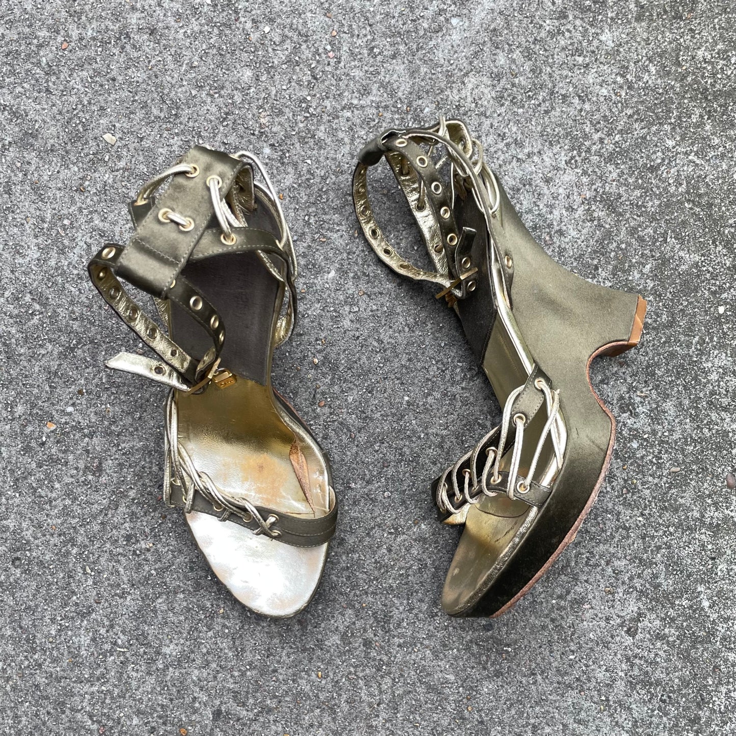 Dior by John Galliano S/S 2003 Khaki Green Padlock & Key Satin Wedge Heels