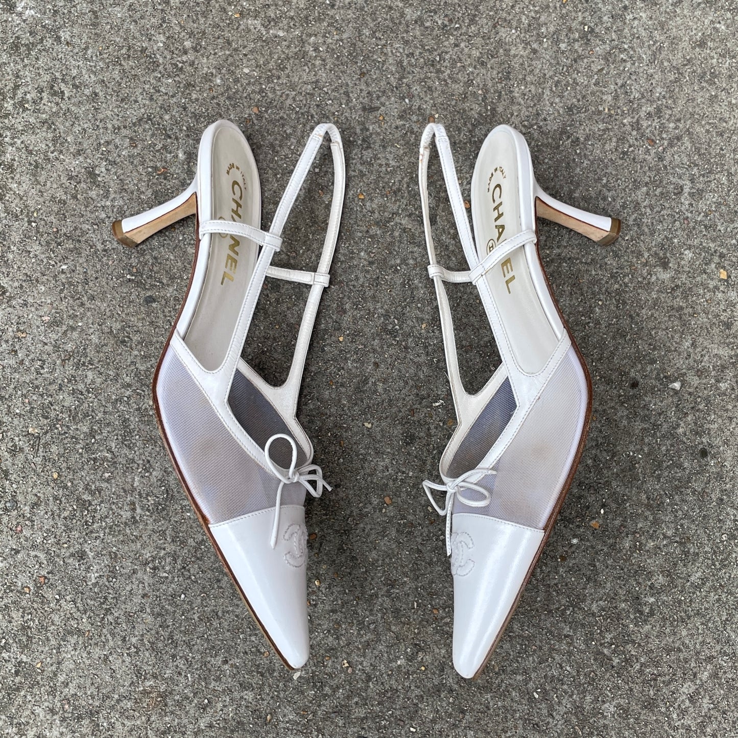 Chanel “CC” White Bow Mesh Slingback Heels