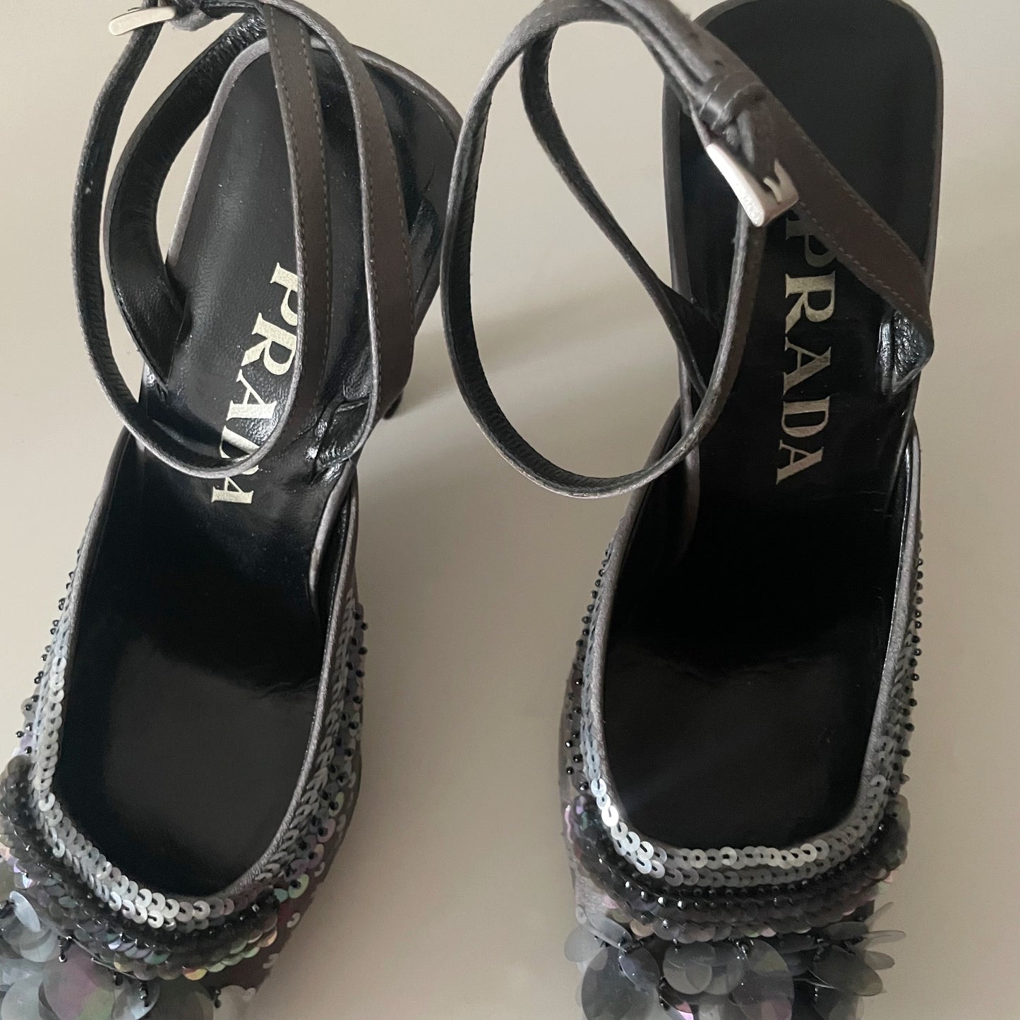Prada F/W 1999 Grey Silver Sequin Raso Luce Pailettes Satin Ankle Strap Heels
