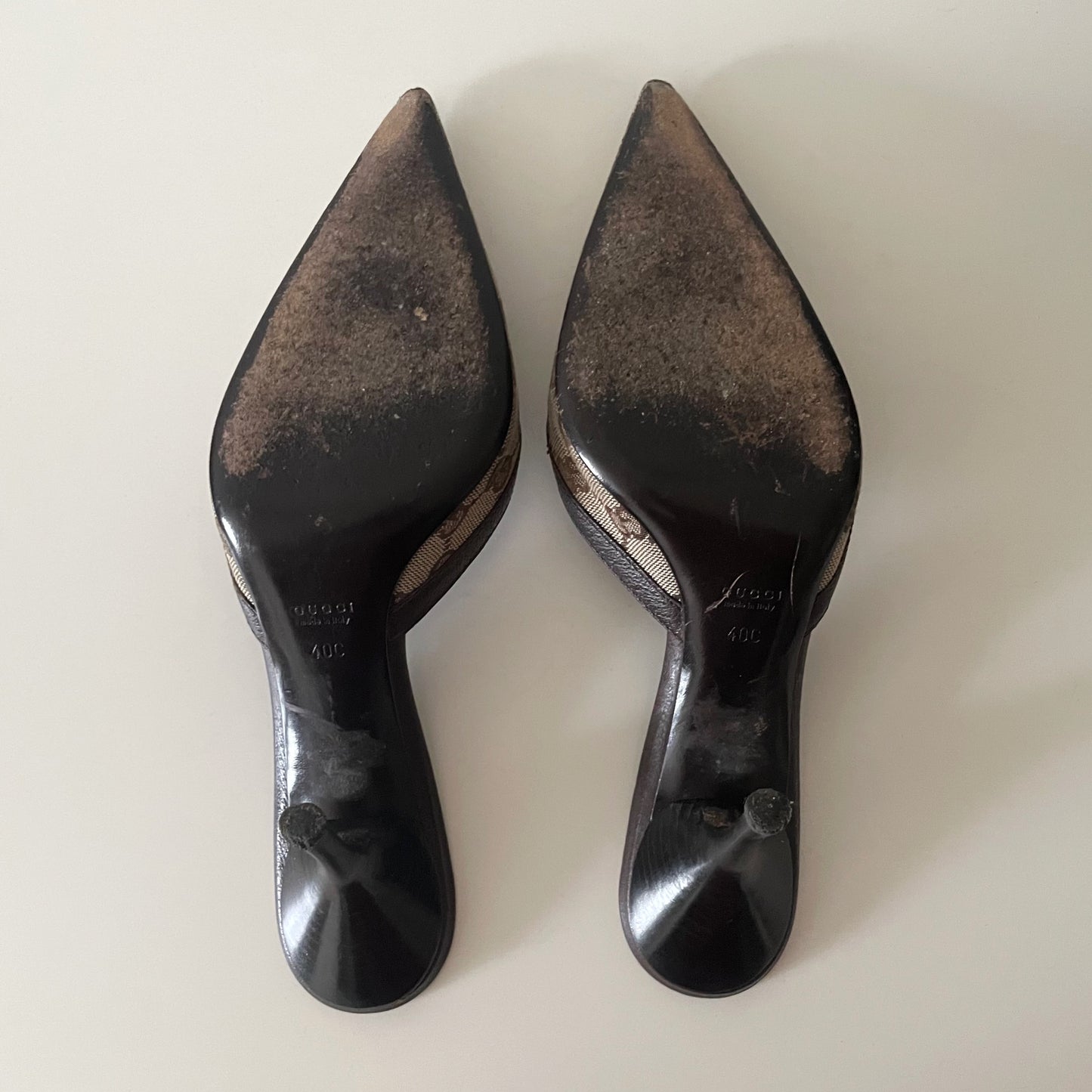 Gucci “GG” Beige & Brown Monogram D Ring Mule Heels
