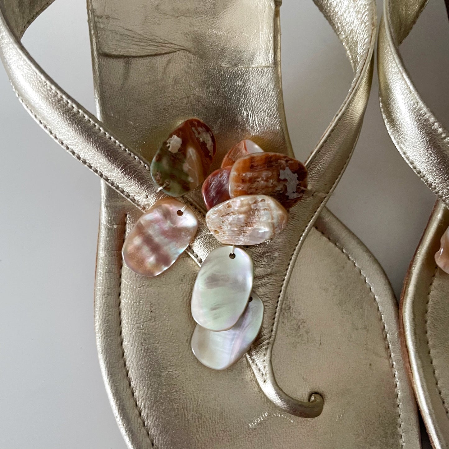 Manolo Blahnik Pearlescent Seashell Gold Sandal Heels