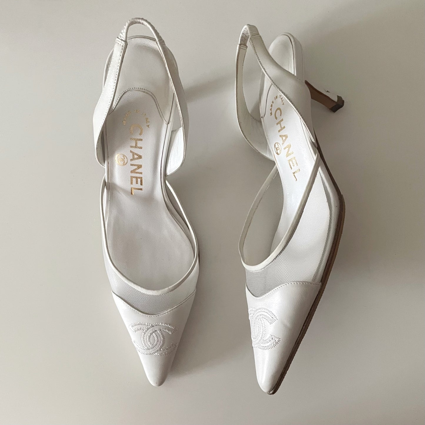 CHANEL “CC” White Mesh Leather Slingback Heels