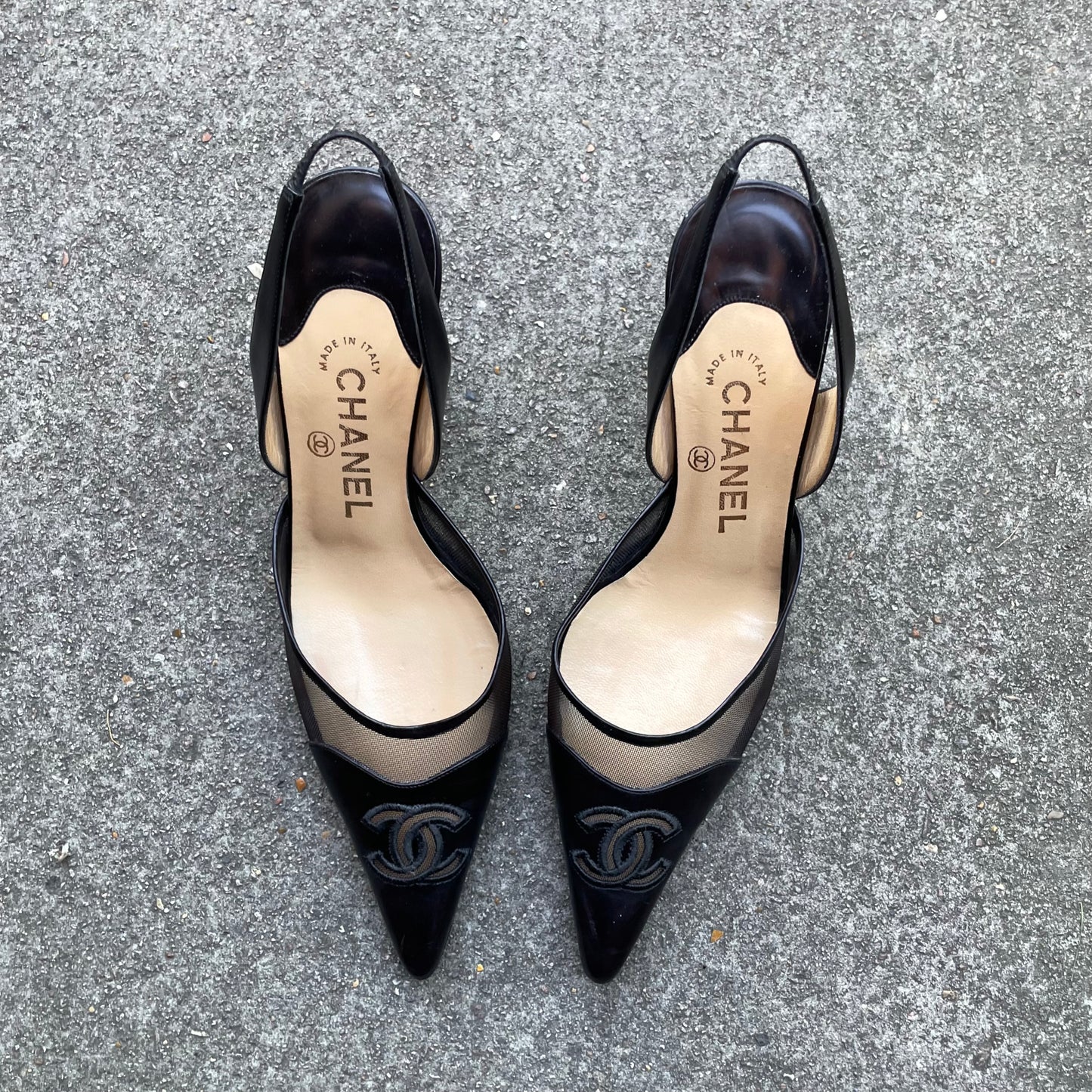 Chanel 2004 “CC” Black Leather Slingback Heels
