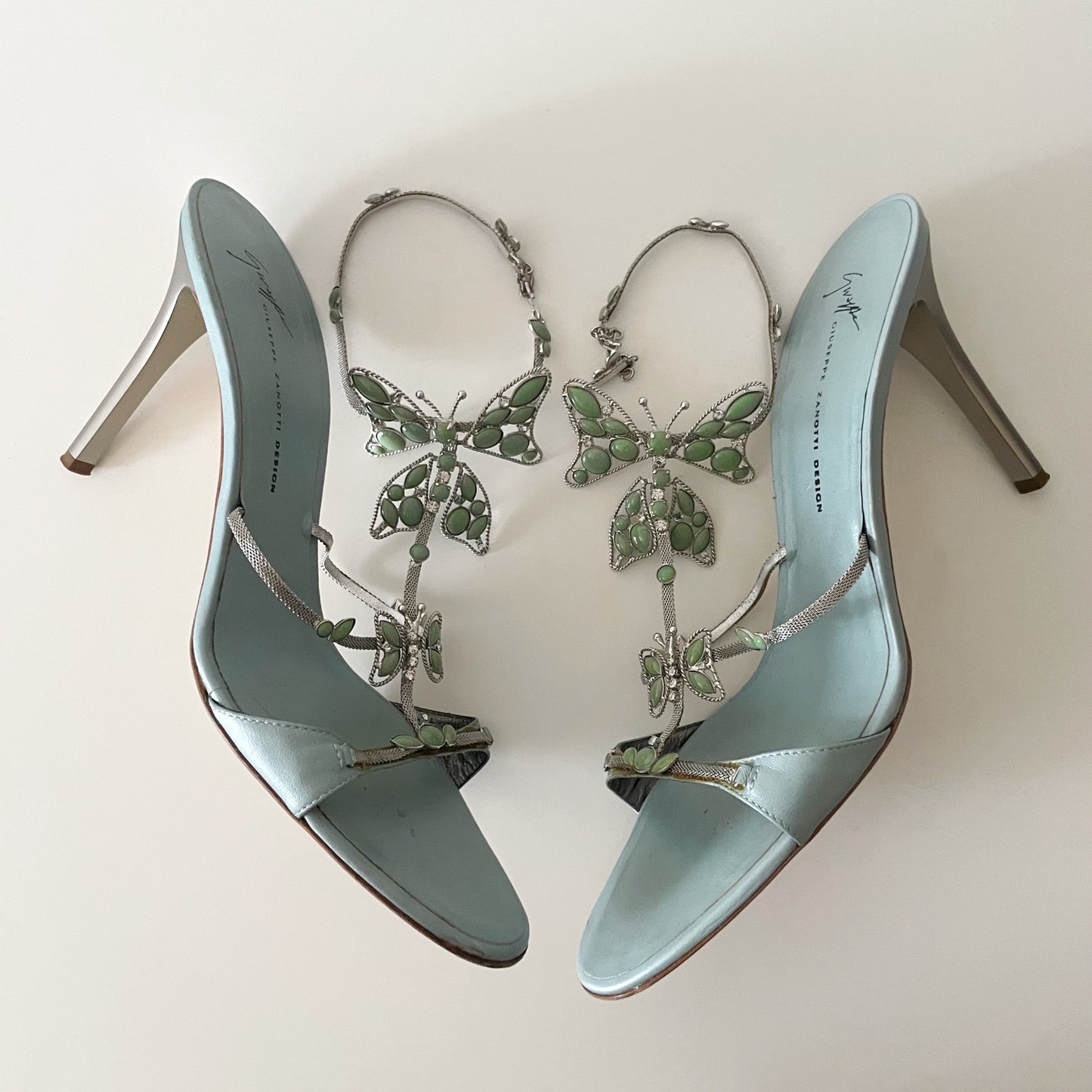 Giuseppe Zanotti S/S 2001 Vintage Blue Stone Butterfly Sandal Heels