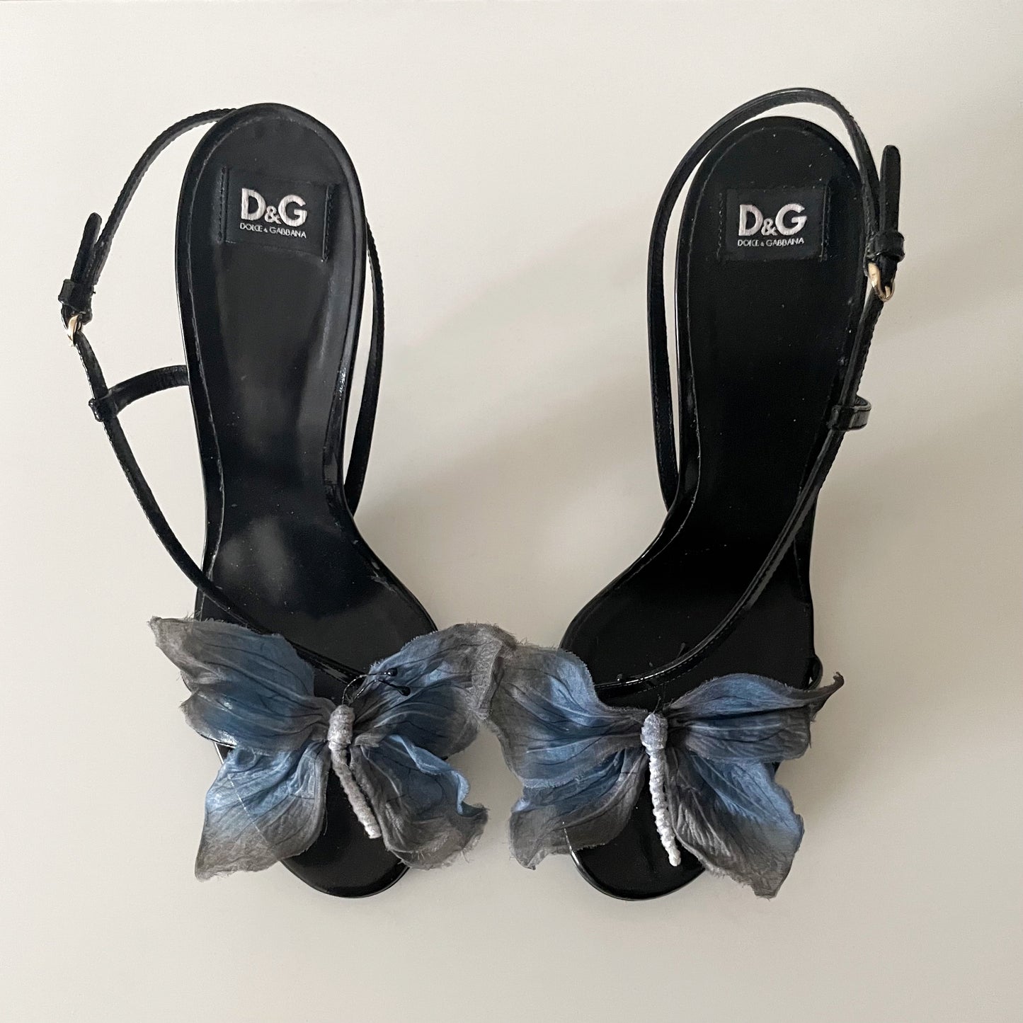 Dolce & Gabbana S/S 1998 Blue Butterly Black Leather Slingback Sandal Heels