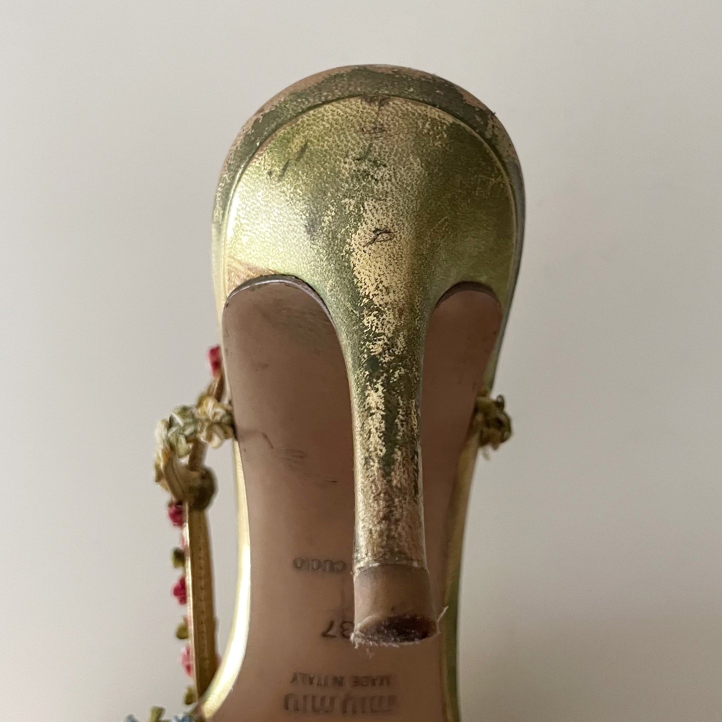 Miu Miu 2000s Floral Gold Leather T-Strap Sandal Heels