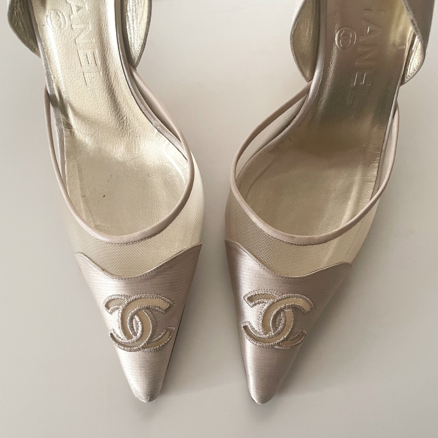 Chanel 2004 “CC” Ivory & Gold Satin Slingback Heels