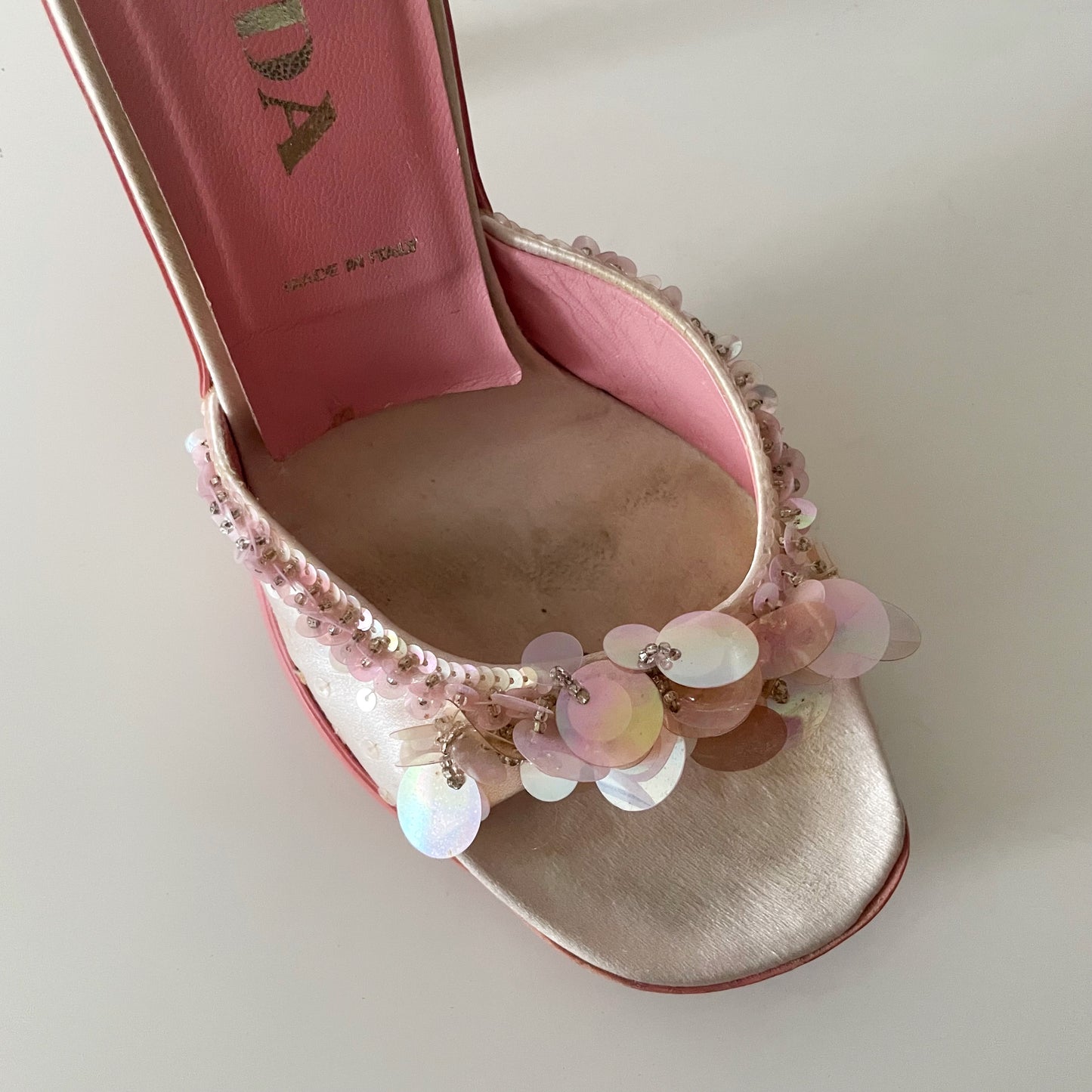 Prada 1999 Pink Sequin Strappy Sandal Heels