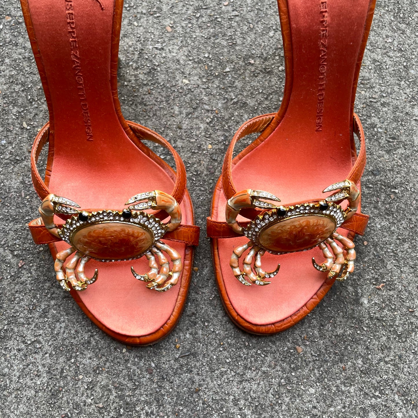 EXTREMELY RARE Giuseppe Zanotti Vintage Crystal Rhinestone Encrusted Orange Crab Sandal Heels
