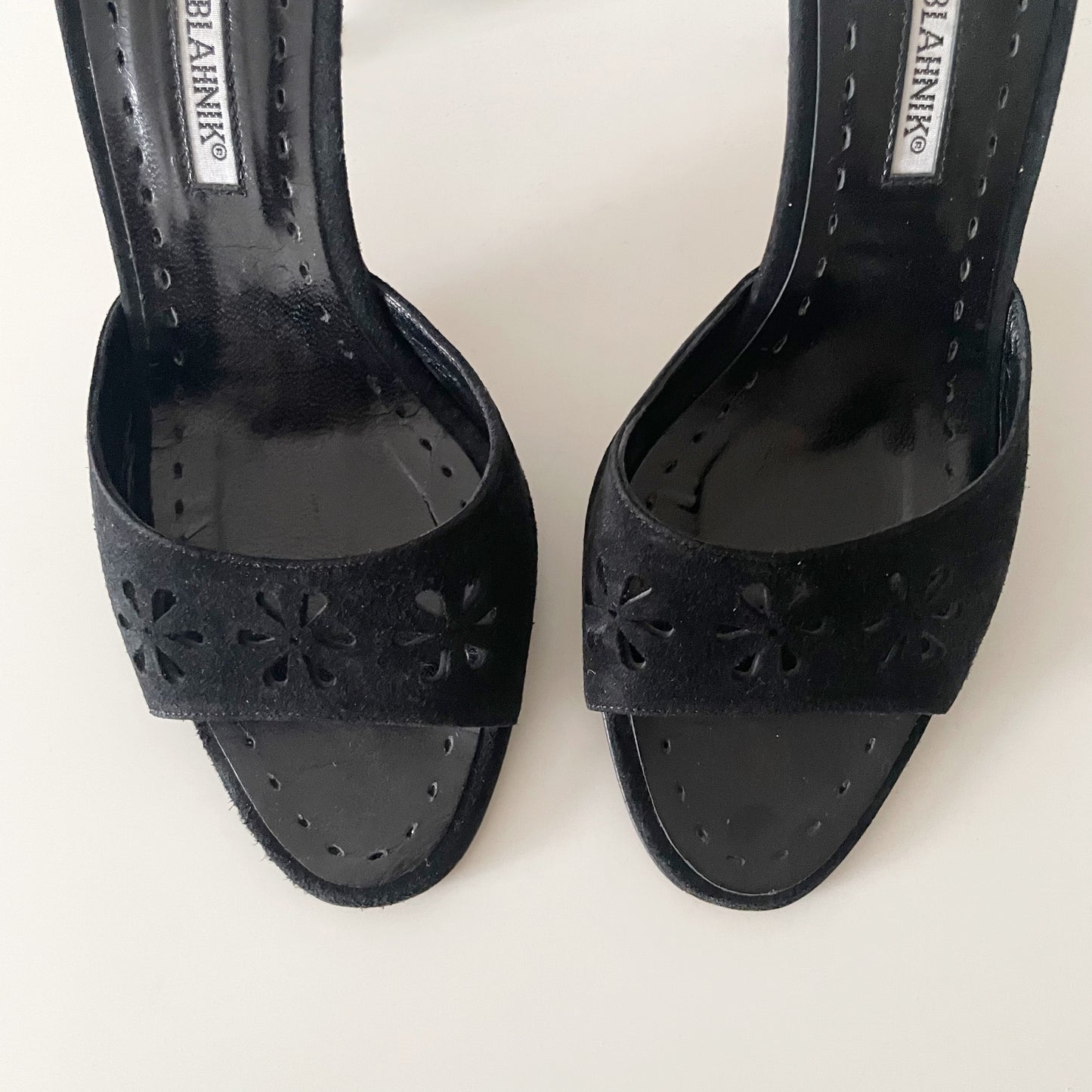 Manolo Blahnik Black Suede Floral Eyelet Laser Cut Sandal Heels