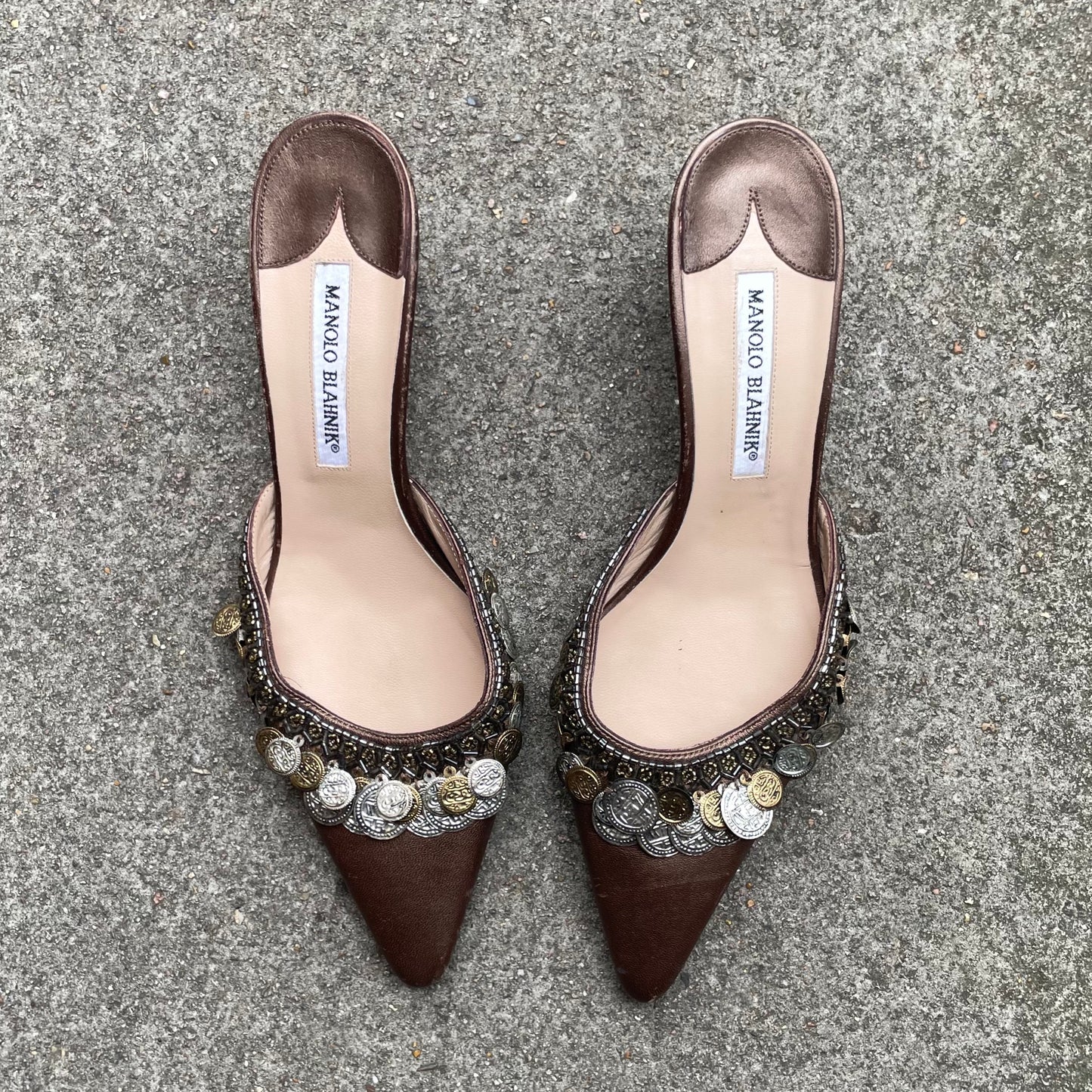 Manolo Blahnik 2000s Silver & Gold Coin Brown Leather Mule Heels
