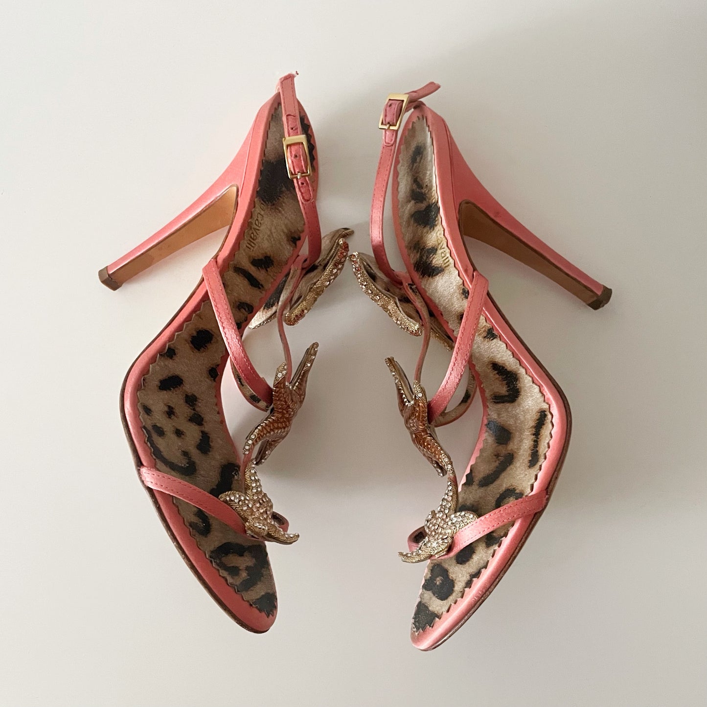 RARE Roberto Cavalli 2000s Rhinestone Encrusted Starfish Pink Satin Sandal Heels