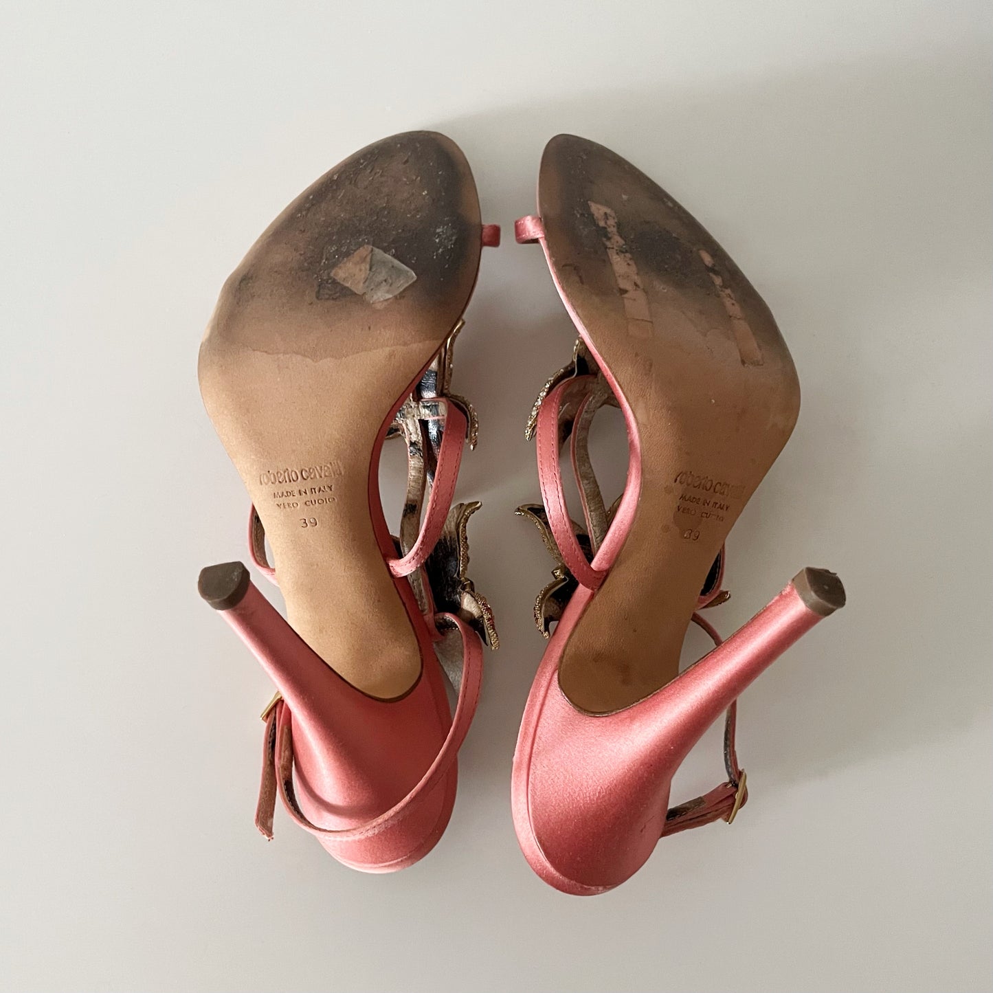 RARE Roberto Cavalli 2000s Rhinestone Encrusted Starfish Pink Satin Sandal Heels