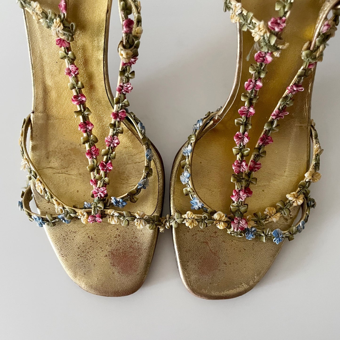 Miu Miu 2000s Floral Gold Leather T-Strap Sandal Heels