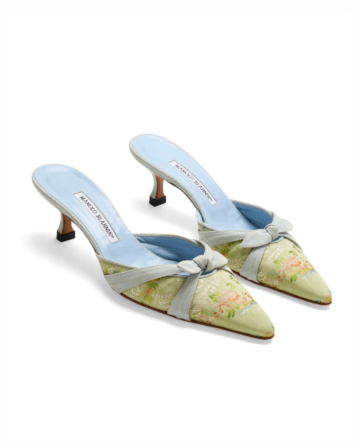 2000s Blue Green Floral Bow Mule Heels