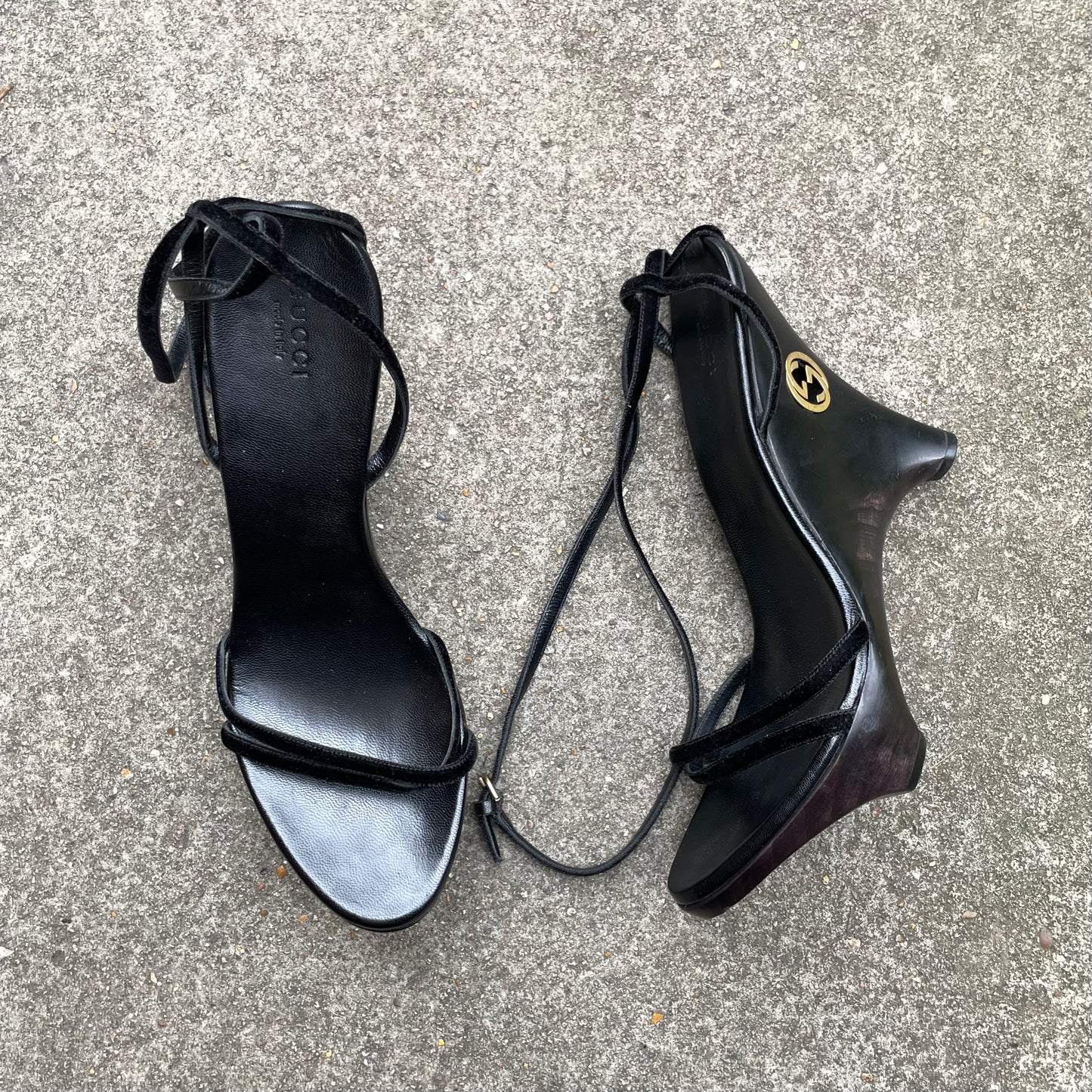 Gucci by Tom Ford 1996 “GG” Black Wood & Velvet Wedge Heels