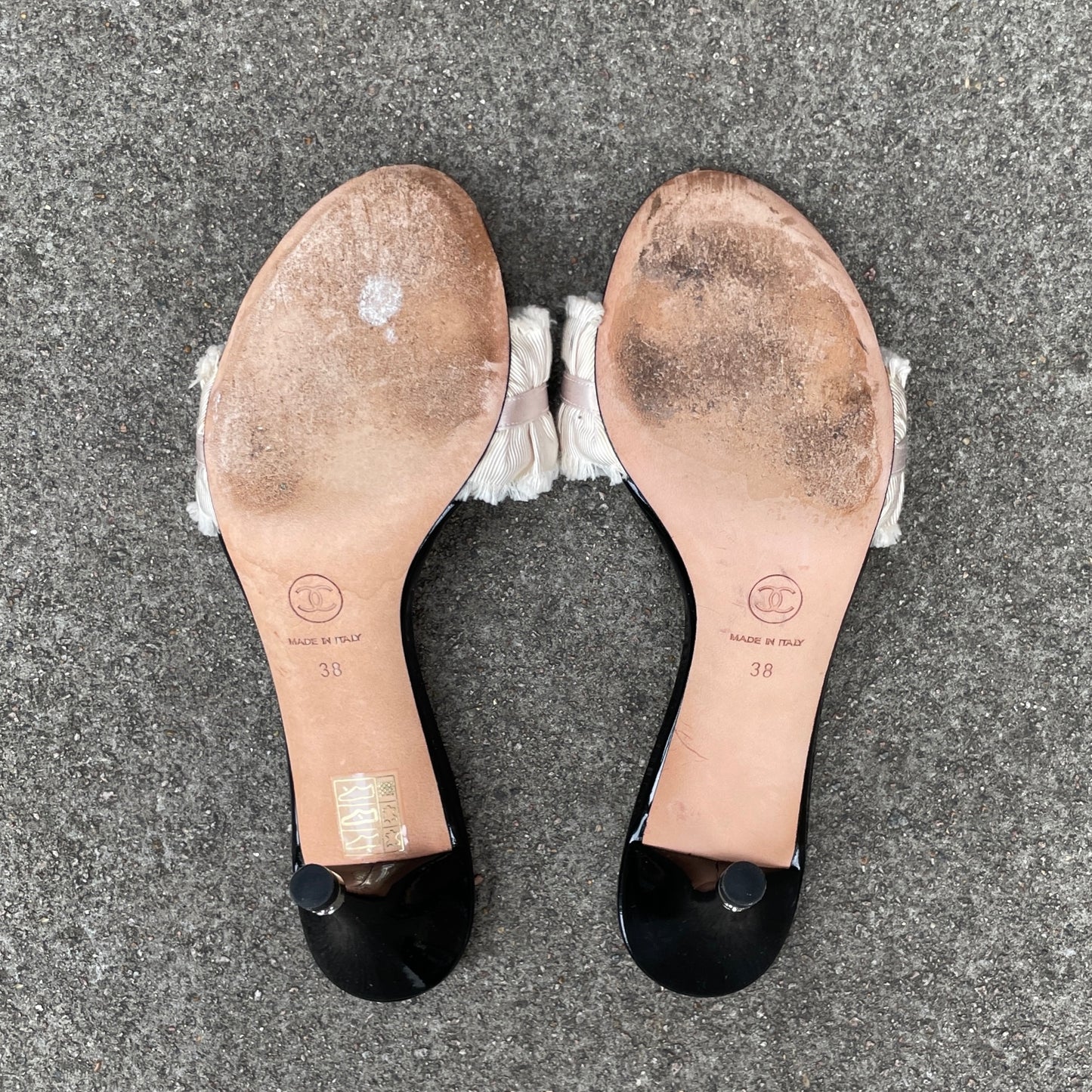 Chanel “CC” Ivory Ruffle Bow Sandal Heels