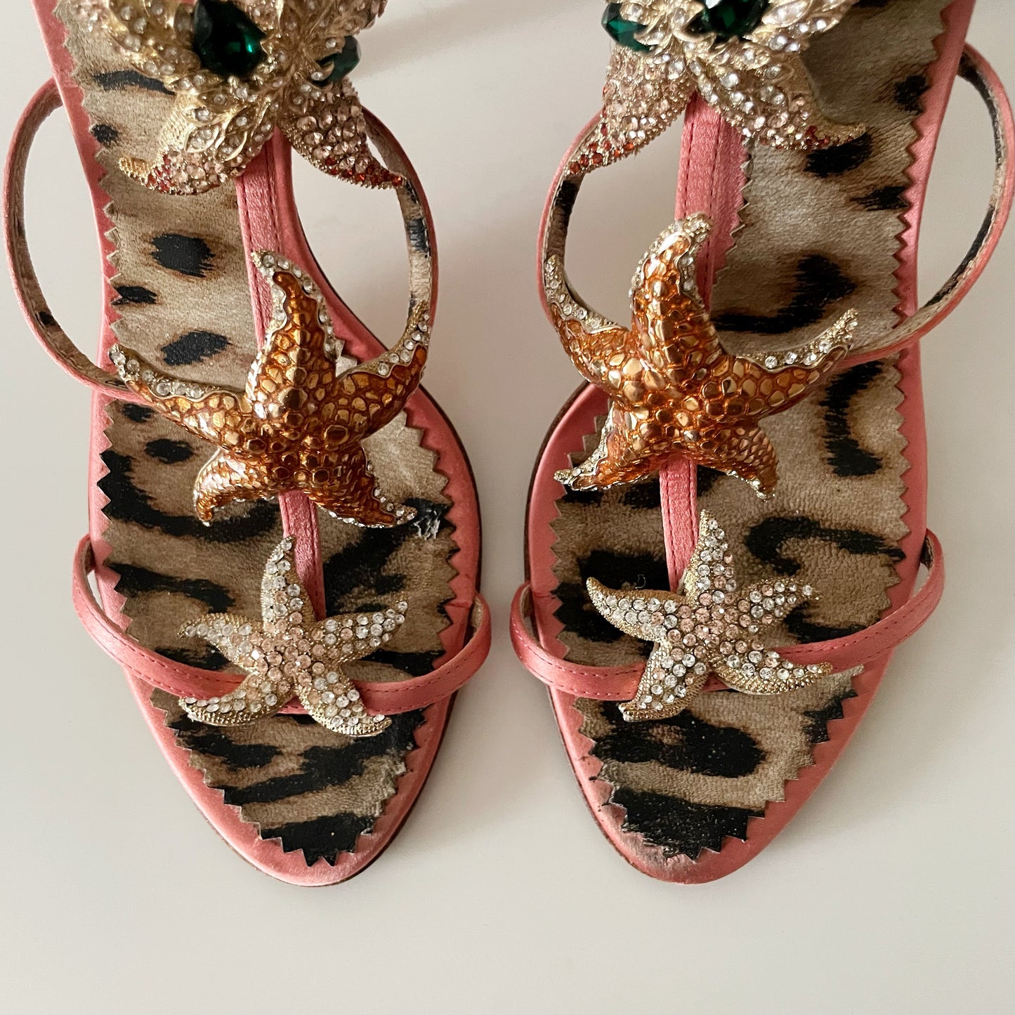 RARE Roberto Cavalli 2000s Rhinestone Encrusted Starfish Pink Satin Sandal Heels
