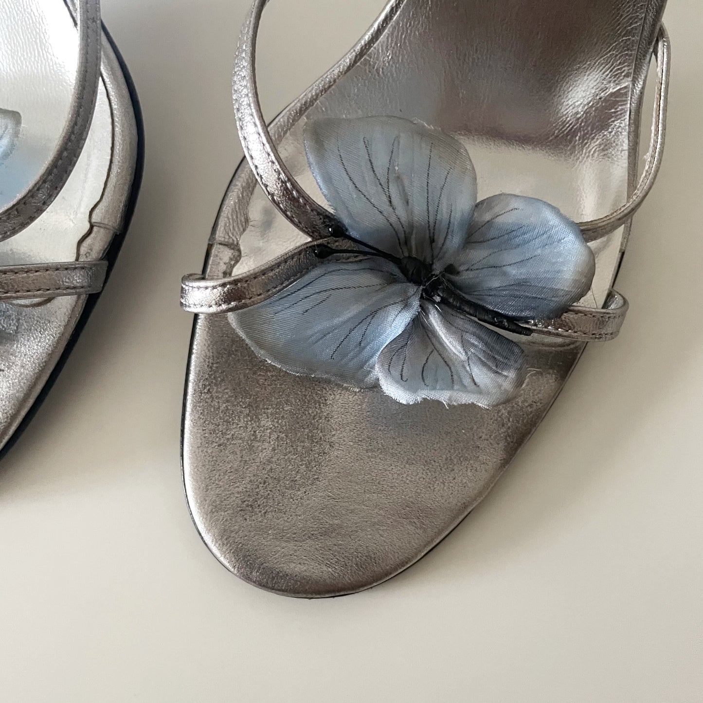 Dolce & Gabbana S/S 1998 Silver & Blue Butterfly Ankle Strap Sandal Heels