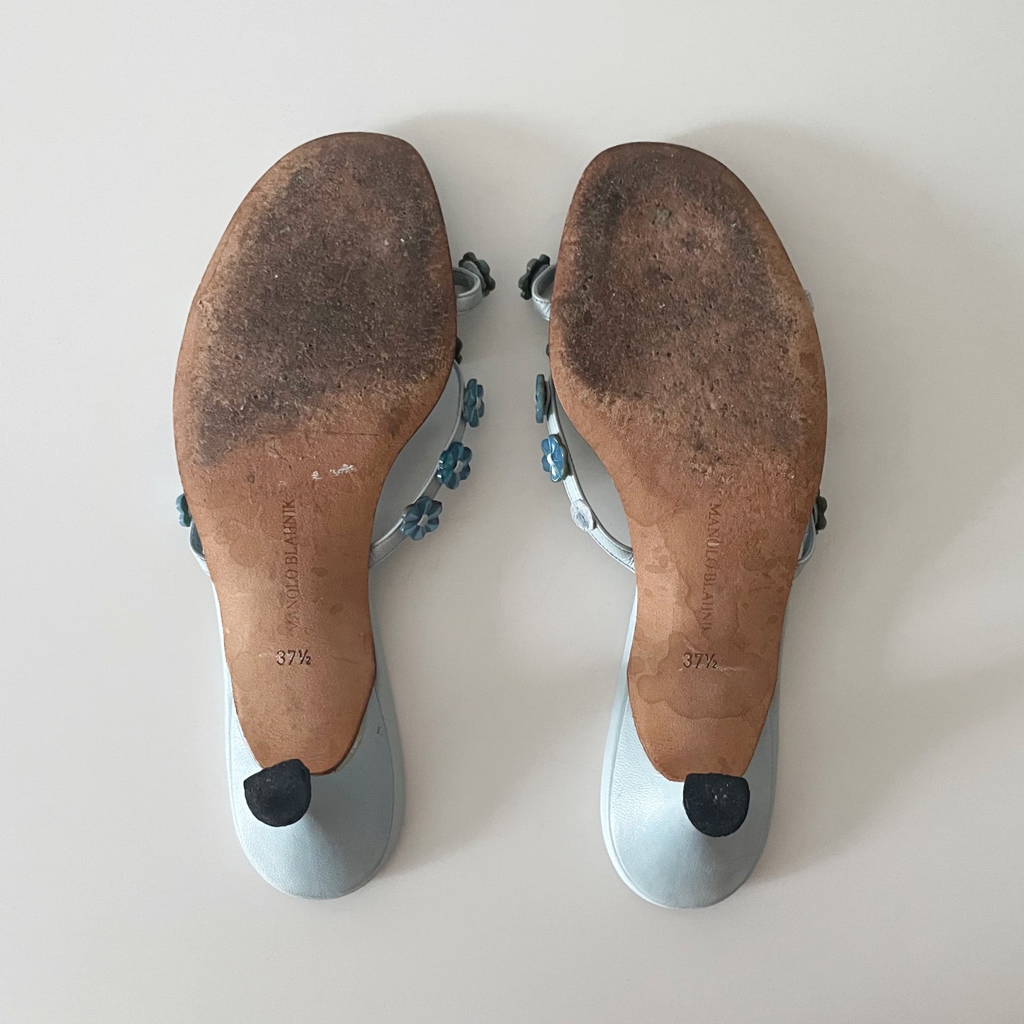 Manolo Blahnik 2000s Blue Pearlescent Flower Sandal Heels