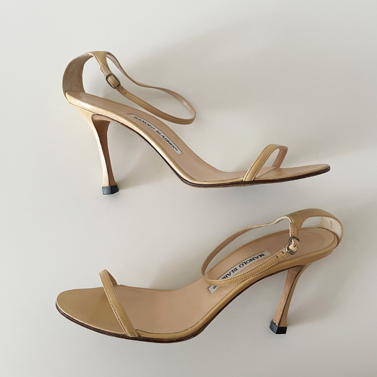 Manolo Blahnik Nude Leather Ankle Strap Sandal Heels