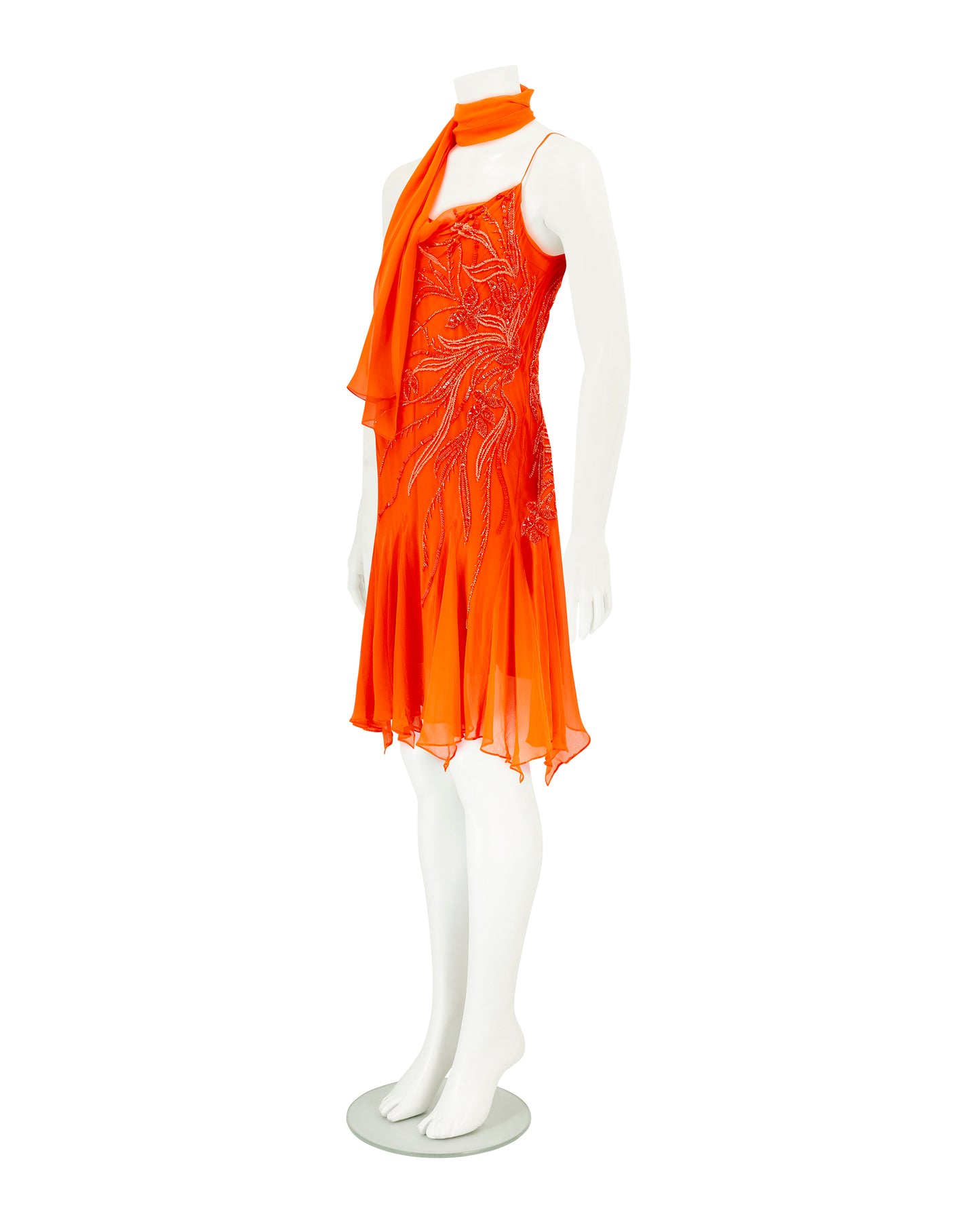 Vintage French 100% Silk Orange Beaded Dress with Scarf