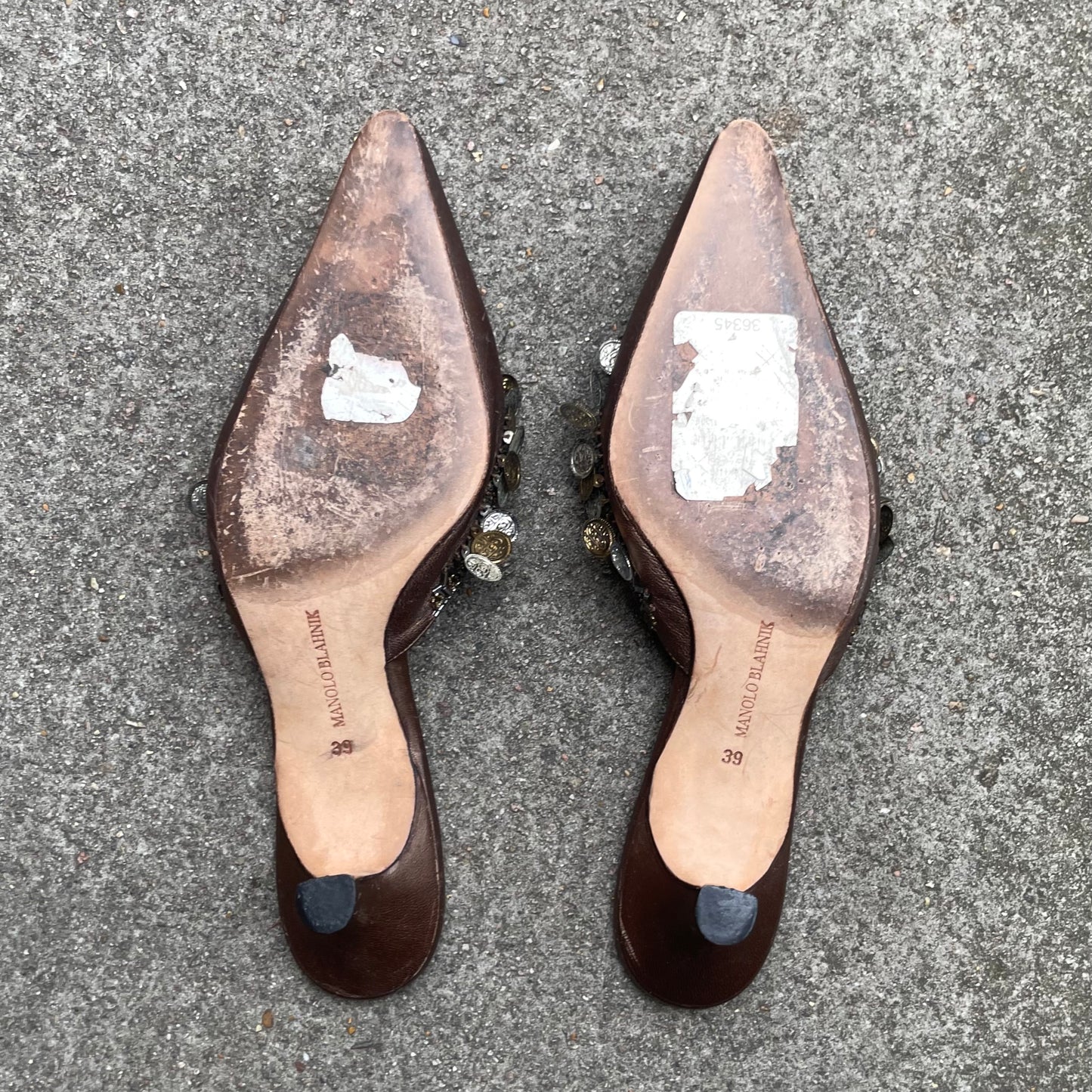 Manolo Blahnik 2000s Silver & Gold Coin Brown Leather Mule Heels