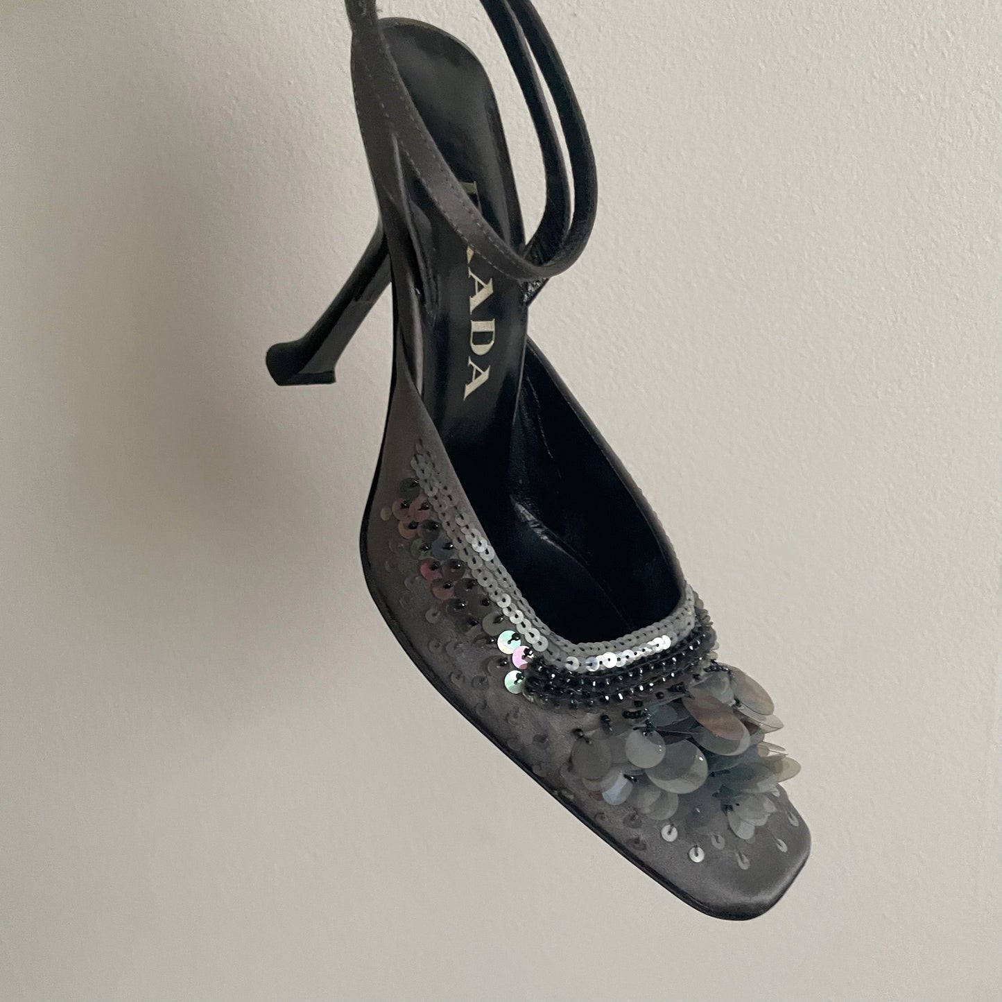 Prada F/W 1999 Grey Silver Sequin Raso Luce Pailettes Satin Ankle Strap Heels
