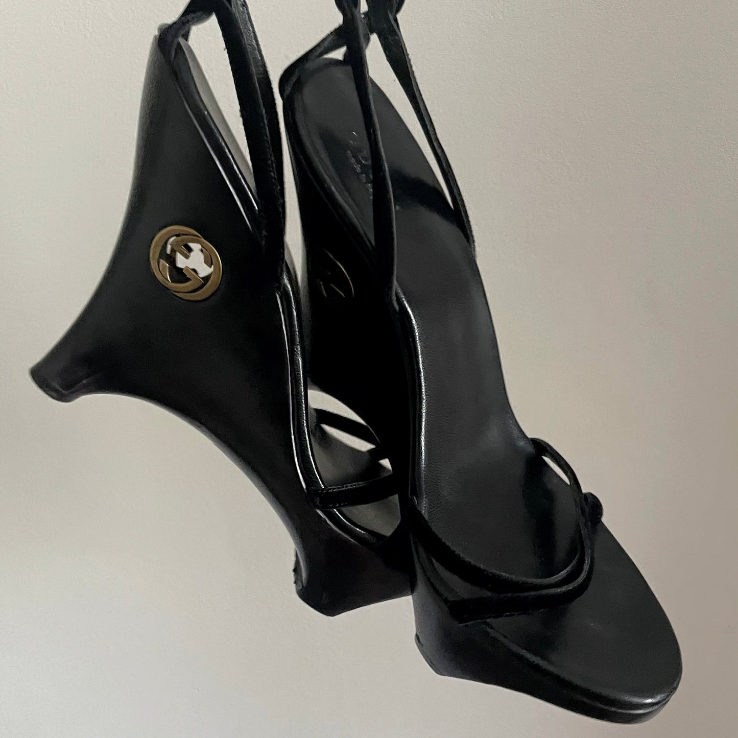 Gucci by Tom Ford 1996 “GG” Black Wood & Velvet Wedge Heels