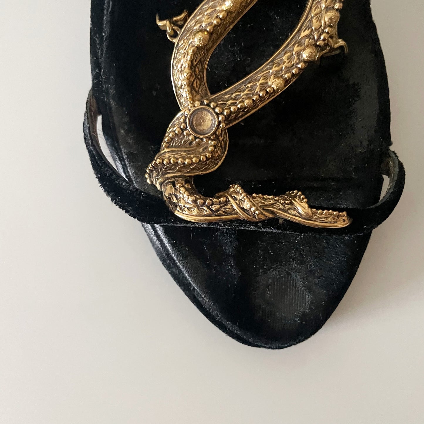 Roberto Cavalli Black Suede Sandal Heels with Black Stone Encrusted Gold Snake Details