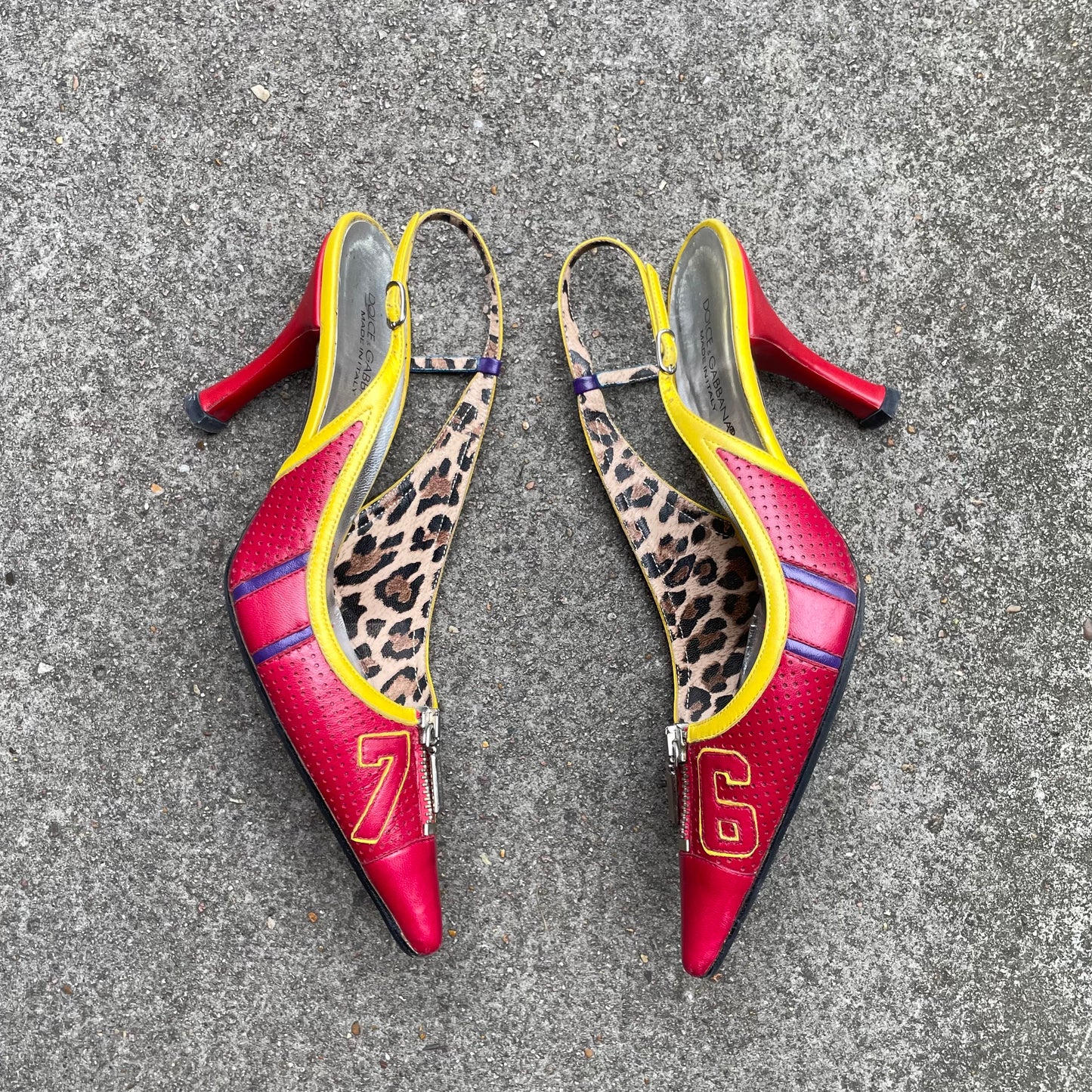 Dolce & Gabbana ‘76’ Red & Yellow Sporty Zip Slingback Heels