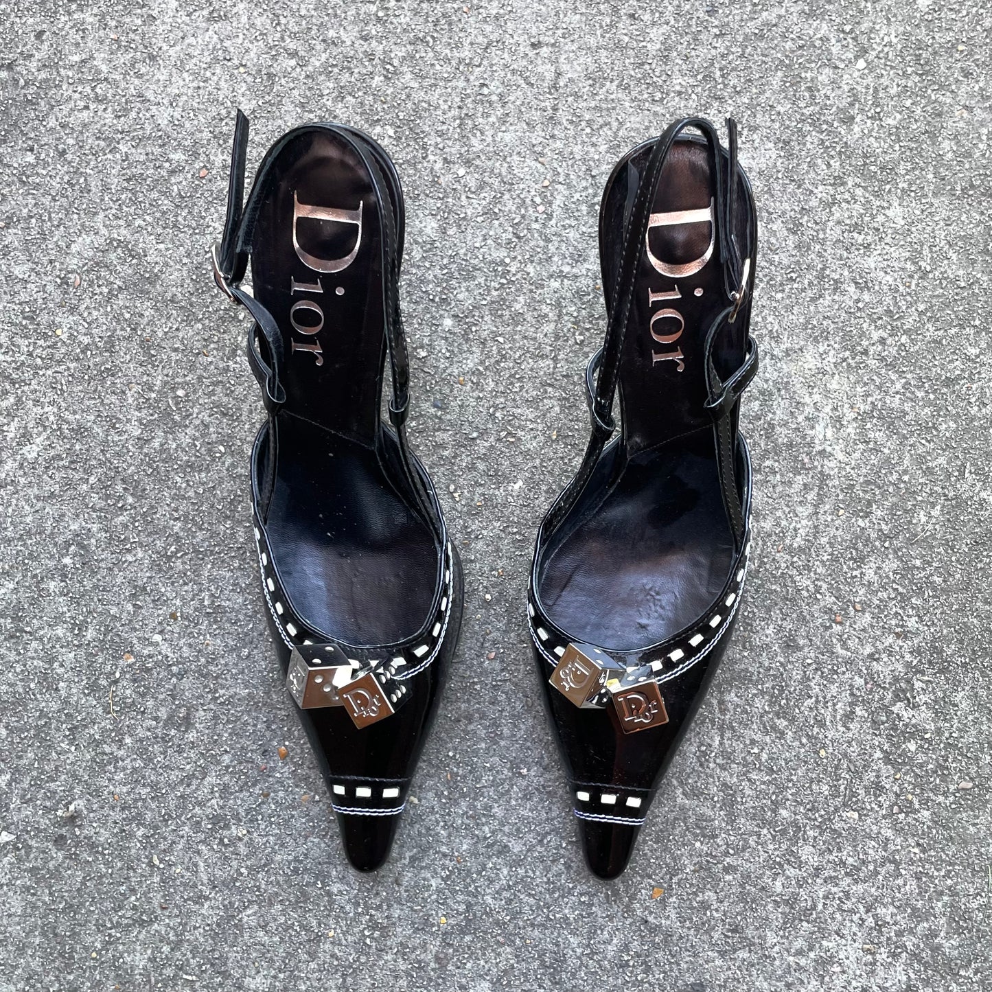 RARE Dior by John Galliano 2004 Black Gambler Dice Patent Leather Slingback Heels