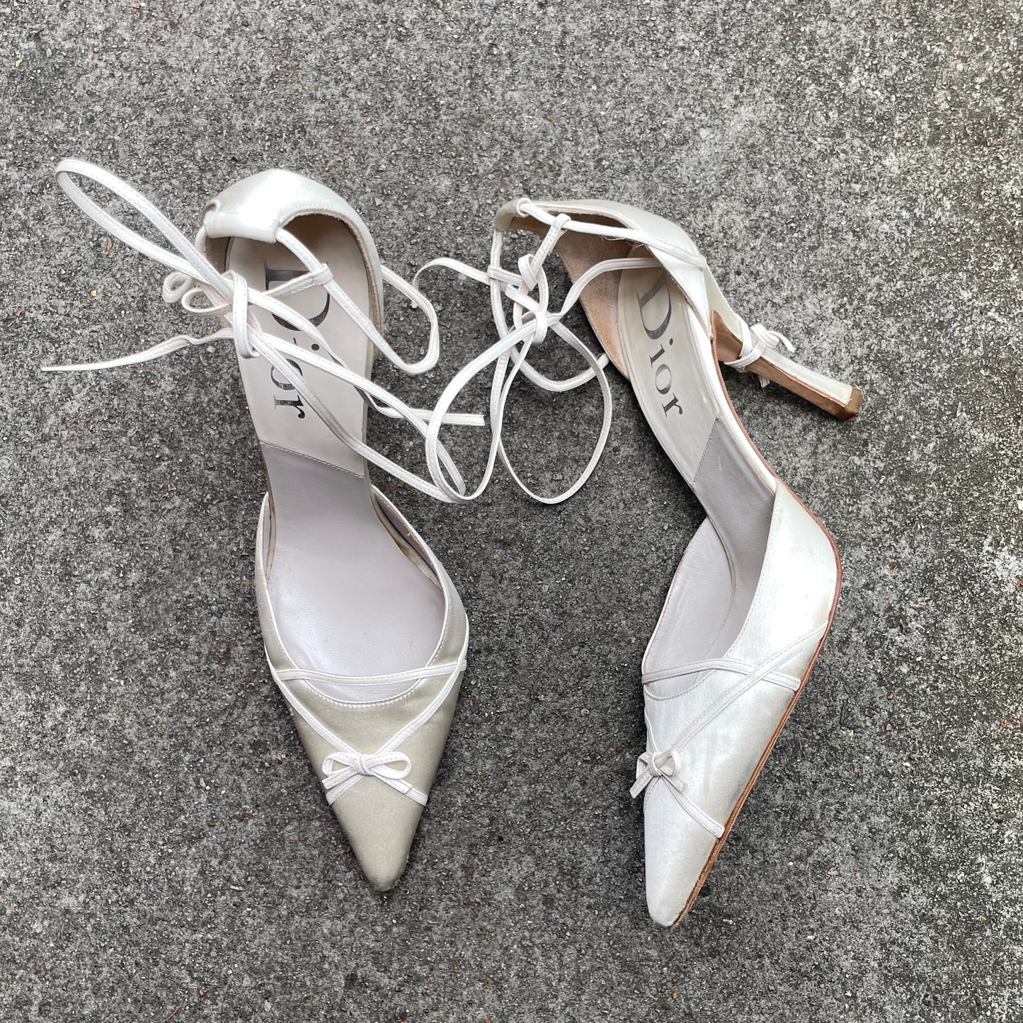 Dior by John Galliano 2000s Ivory Satin Bow Strappy Heels