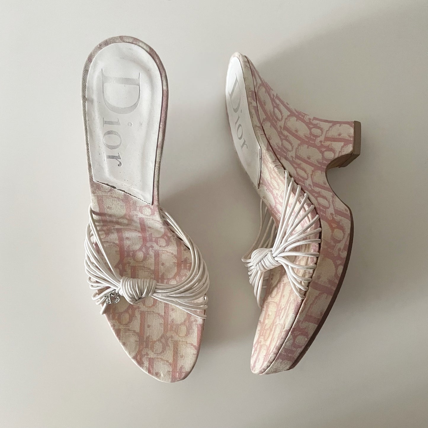 Dior by John Galliano 2003 Pink Monogram Wedge Sandal Heels with Crystal Rhinestone āDā Charm Embellishment
