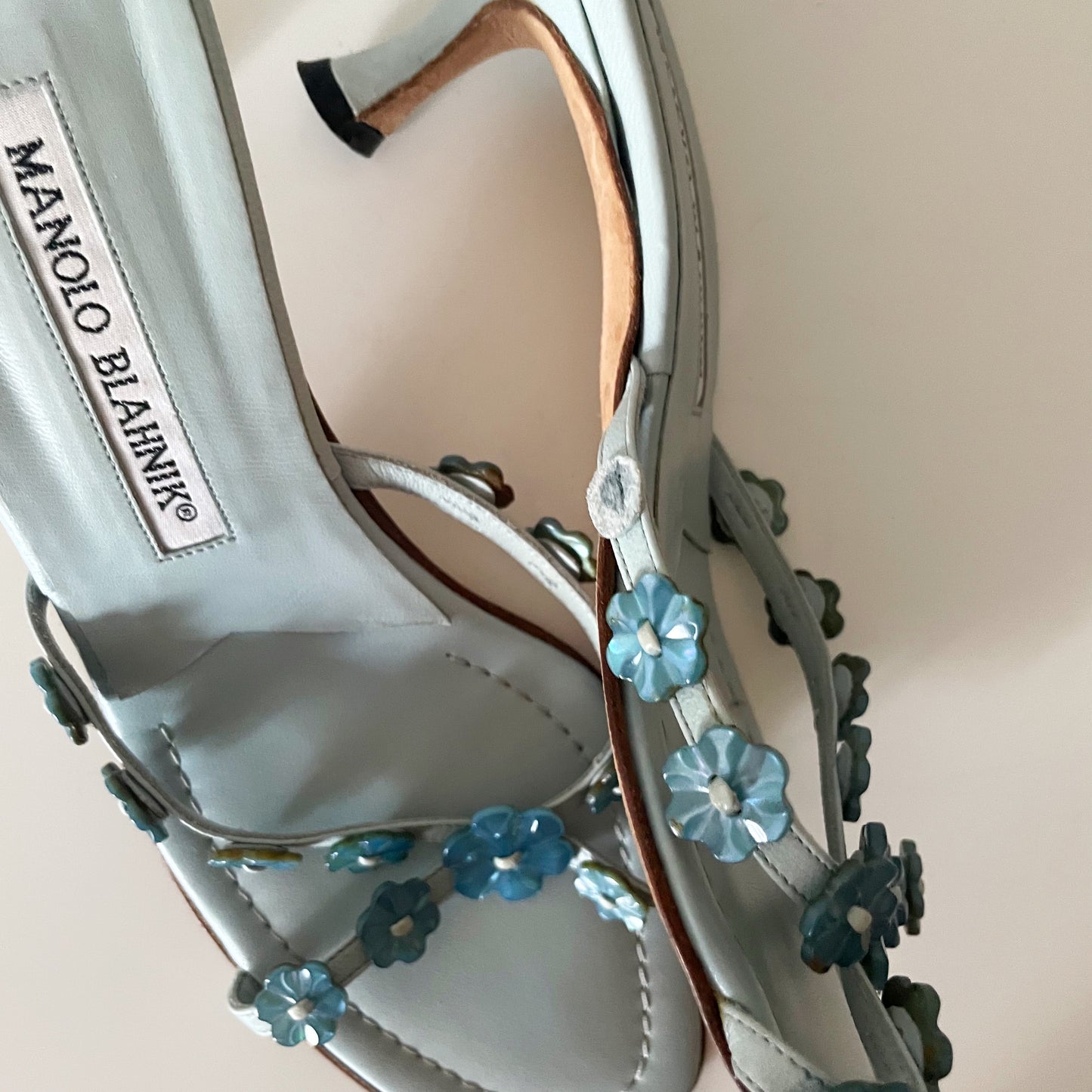 Manolo Blahnik 2000s Blue Pearlescent Flower Sandal Heels