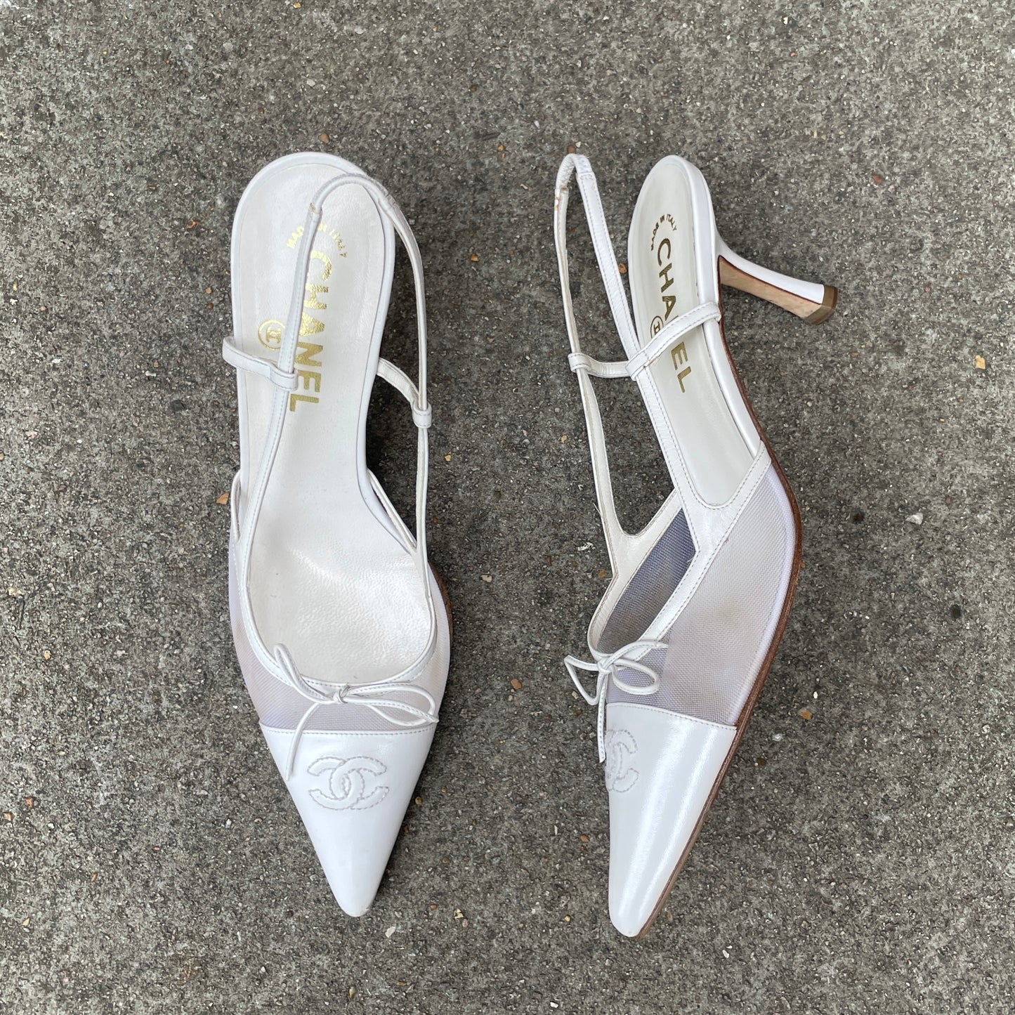 Chanel “CC” White Bow Mesh Slingback Heels