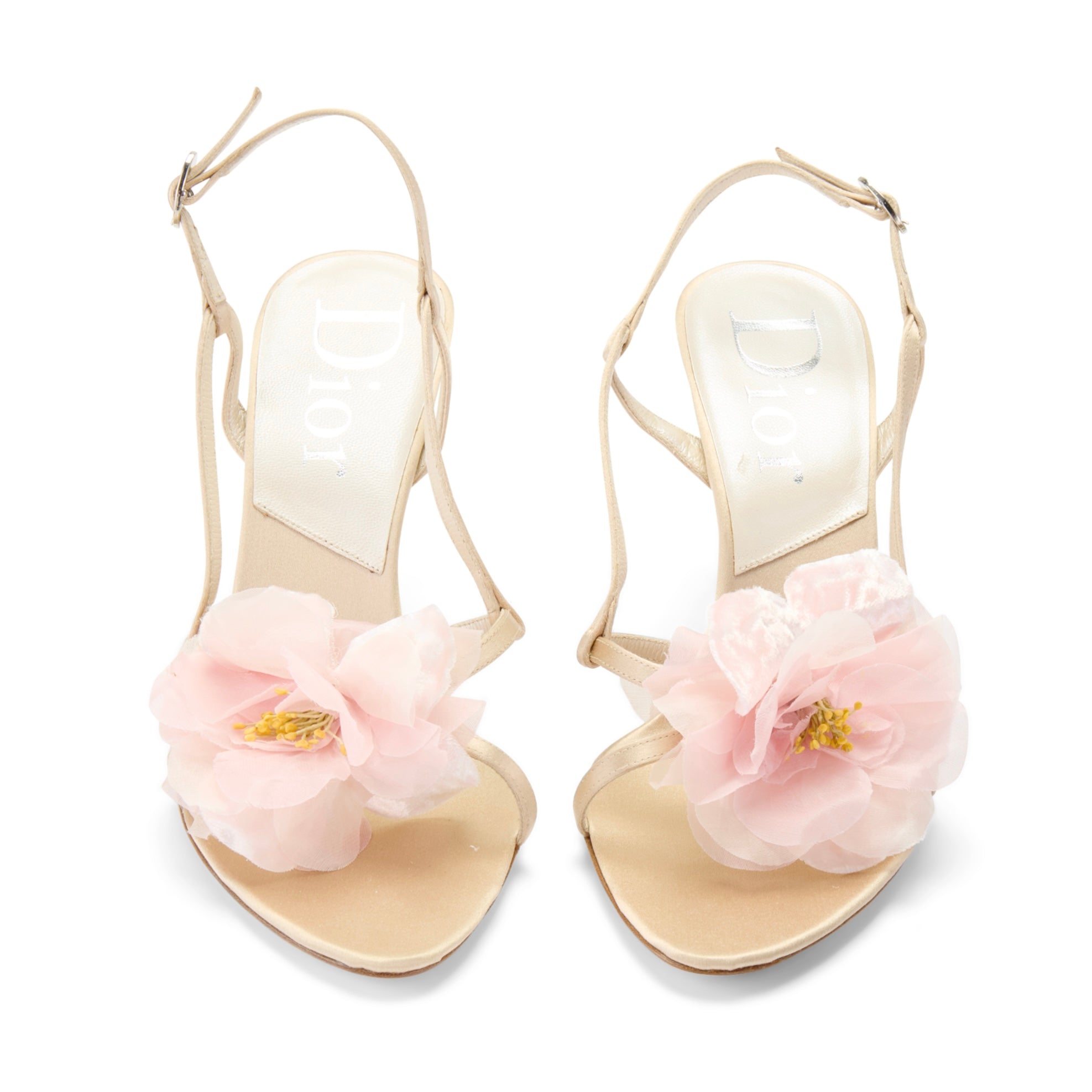 dior silk satin vintage cream beige slingback sandal heels pink flower floral IT 37 US 7 UK 4