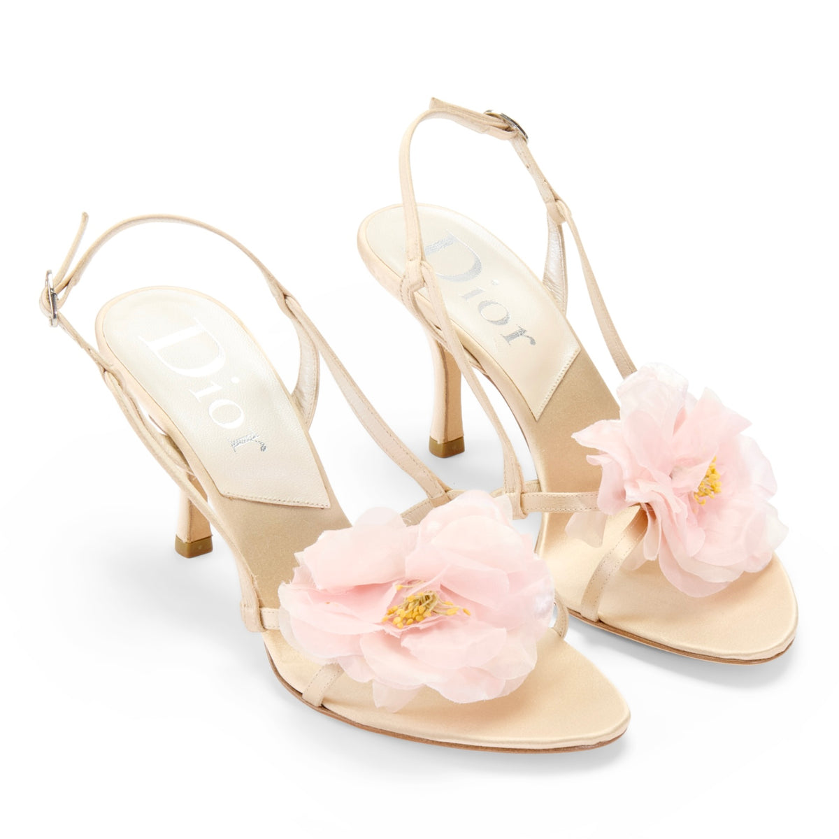 dior silk satin vintage cream beige slingback sandal heels pink flower floral IT 37 US 7 UK 4