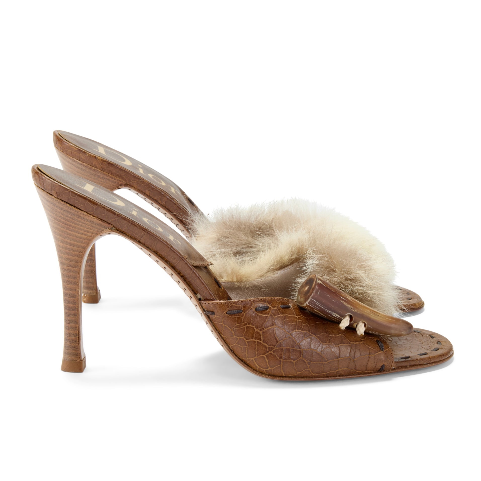 christian dior john galliano brown fur leather tooth horn 2003 2004 vintage rare heels IT 38.5 US 8.5 UK 5.5