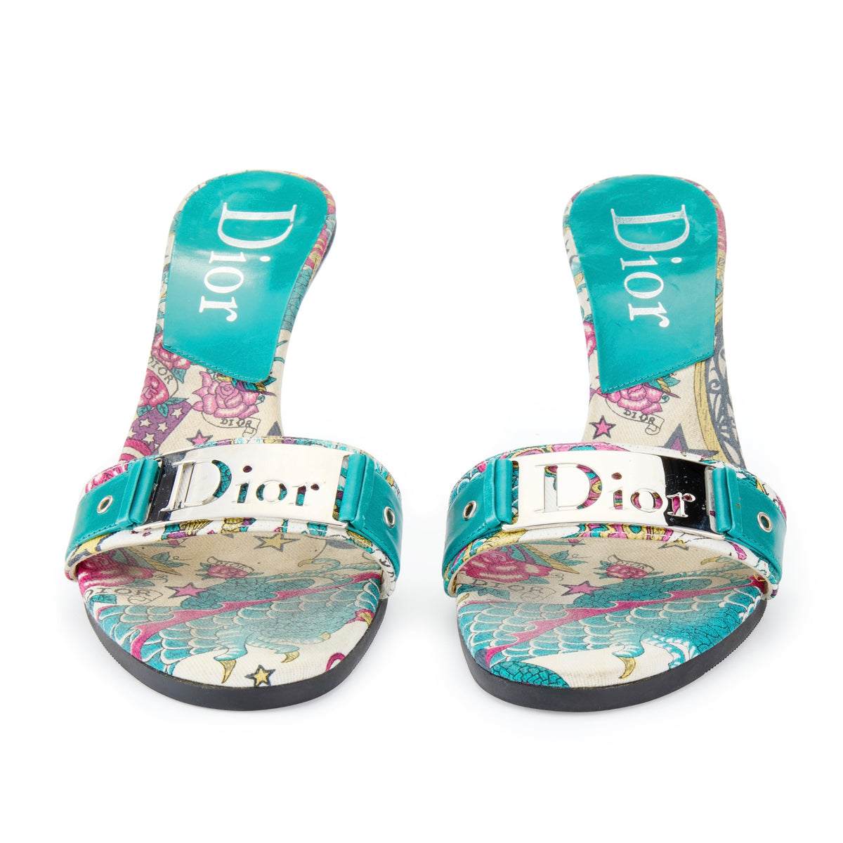 christian dior john galliano vintage sandal heels blue tattoo silver buckle rare tattoo IT 37.5 US 7.5 UK 4.5