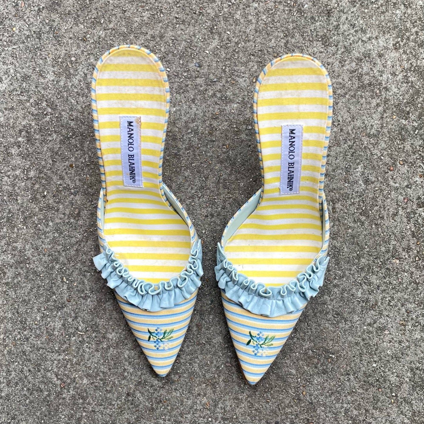 Manolo Blahnik 2000s Marie Antoinette Yellow Blue Ruffle Floral Mule Heels